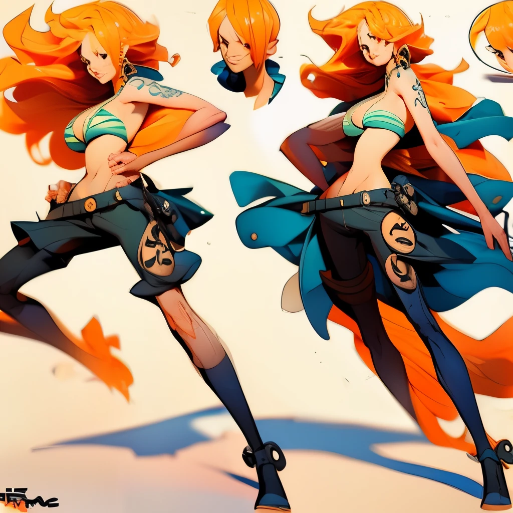 A female, full body, spread legs, nami of one piece, character sheet, nude, orange hair, large , big breast, pale skin, orange eyes, fight pose, dinamic angle.