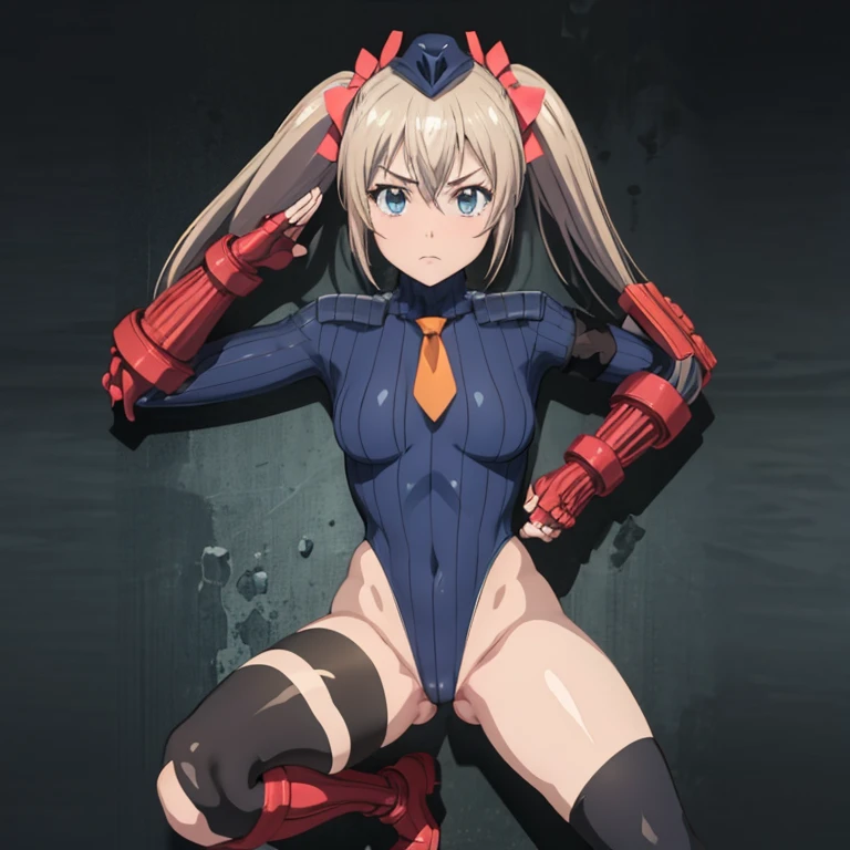 ultra-detailed, Explicit, Beautiful body, Beautiful Nose, Beautiful character design, perfect eyes, perfect face, ultra highres, 4K, beautiful legs, perfect legs, Nice hands, Perfect hand, Masterpiece, Best Quality, Highly detailed, illustration, absurdres, street fighter, doll suit, shadaloo doll, dollsuit, expressionless, blank eyes, looking at viewer, red gloves, emotionless, black latex, corrution, mind control, female combatant, full body, hypnotized, unhappy trance, full body suit, ribbed bodysuit, both arms at side, obey, perfect female body, extremely glossy latex, hypnosis, hypnoLora, empty eyes, Mind control device, poses, submissive_pose, Slave, hat, necktie, stand up straight, standing, standing at attention, hat, necktie, belt, latex, ribbed bodysuit, thighhighs, garter belt, Fighting Stance, extending the right arm from the shoulder into the air with a straightened hand, nazi saluting, military, military saluting, salute, thigh boots, 1girl, Light brown hair, blue eyes, red ribbon, Latina, uchi no Ko no Tame Naraba Ore wa Moshikashitara Maou mo Taoseru Kamo shiranai