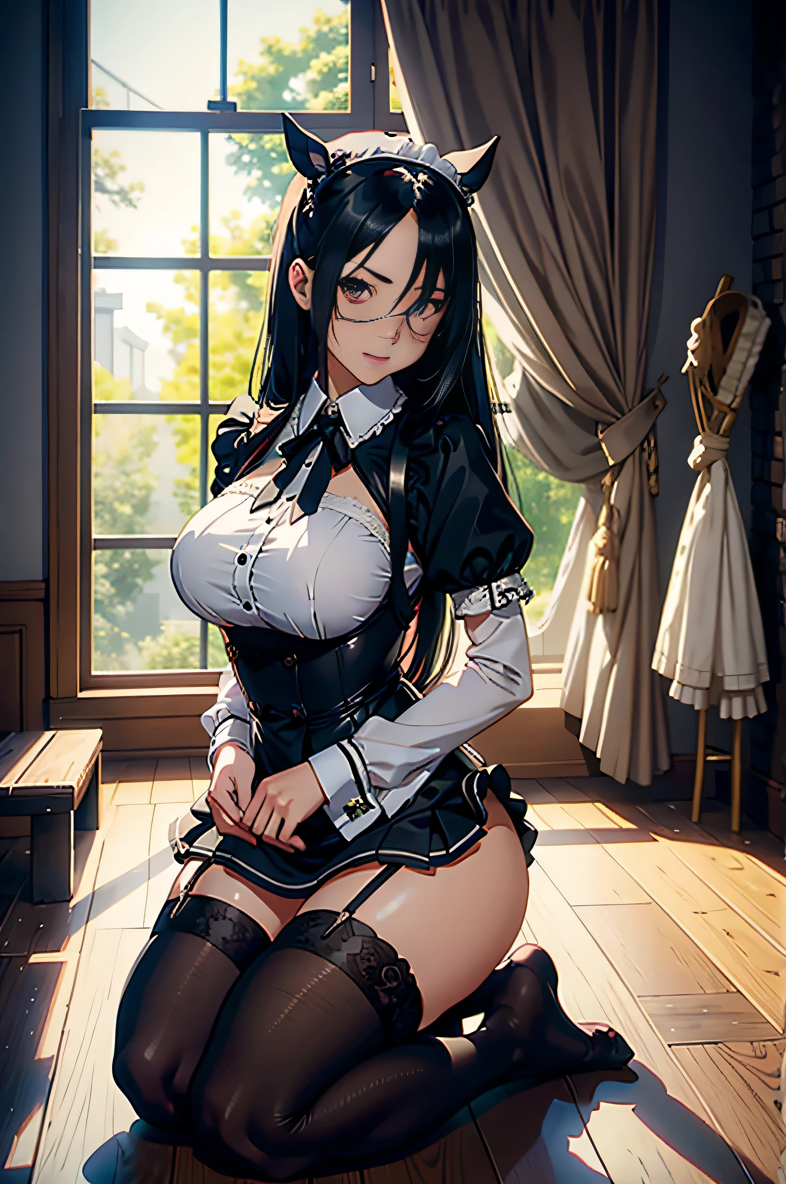 Exposed maid outfit，huge tit，Single eye patch，the girl with black hair，Single horsetail，Long hair，Kneeling pose，ssmile，Soft natural light，Beautiful background，Best quality at best，Detailed face，perfect  eyeroken stockings