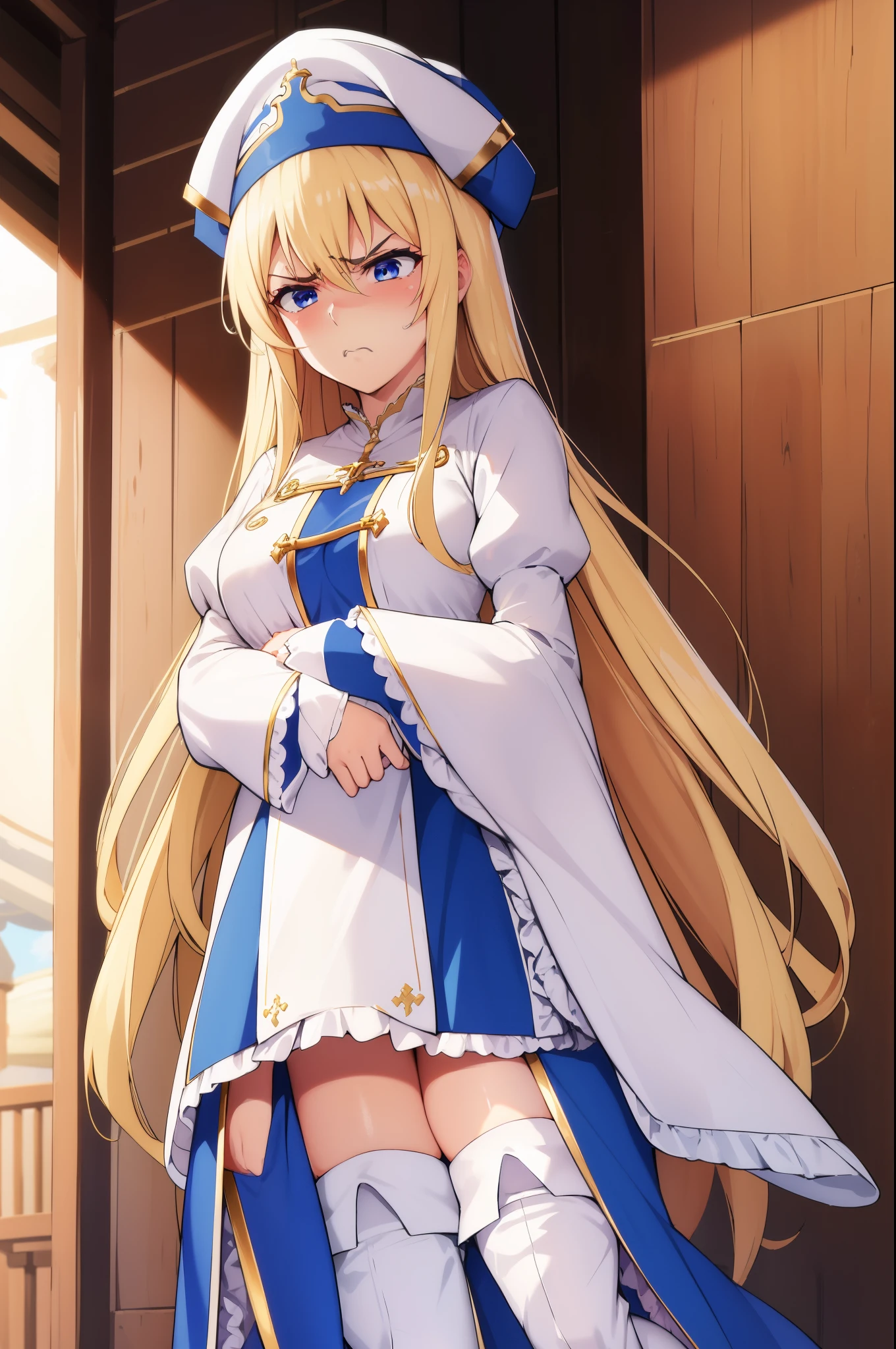 priestess, blonde hair, blue eyes, long hair, hair between eyes,
boots, dress, frilled sleeves, frills, hat, white headwear, pelvic curtain, high heels, robe, thigh boots, thighhighs, white thighhighs, long sleeves, puffy sleeves,((looking disgusted)) very angry disappointed