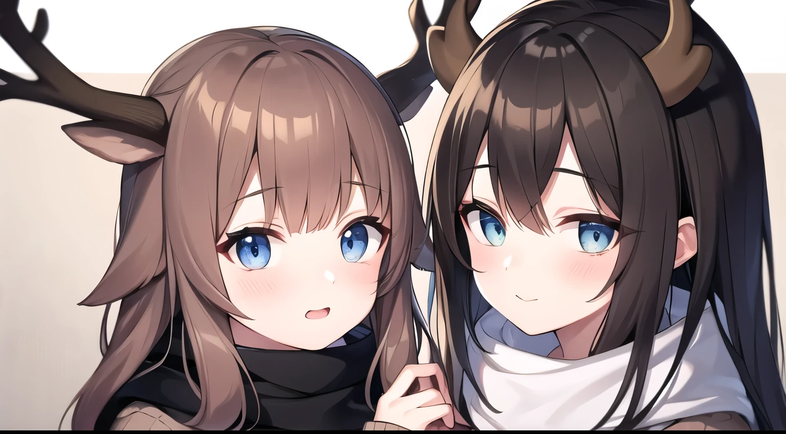 a brown haired one,The head has the antlers of a young deer,scarf girl,Have blue clear eyes,Petite