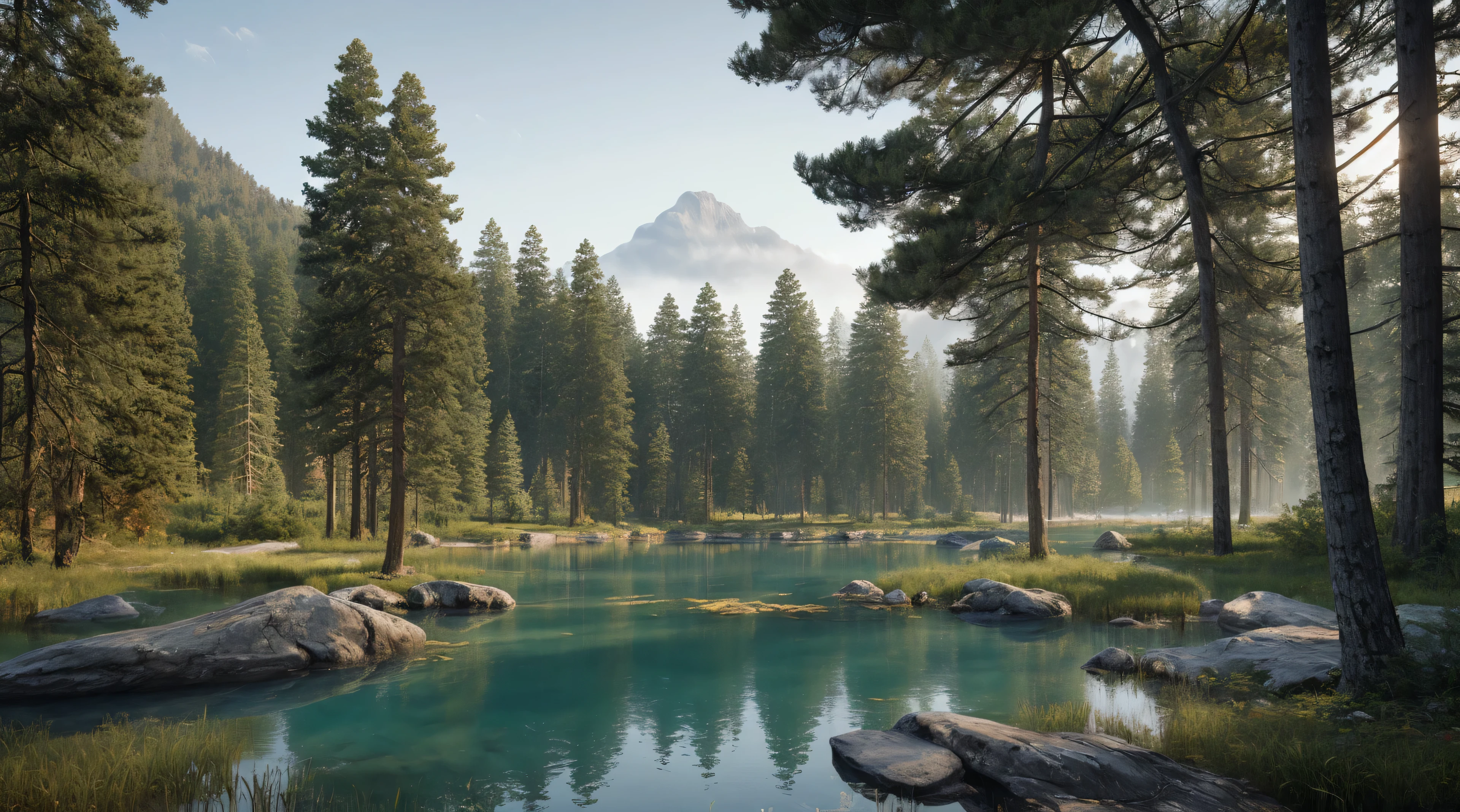 Imagen de un bosque de pinos con un lago al fondo., Vintage oil paintings style., High resolution (4k, 8k), High resolution textures, realistic lighting, Sombras suaves, Reflejos precisos, Materiales realistas, Profundidad de campo, Antialiasing ( borde alisado), Detalles finos y precisos Colores y tonos precisos., Renderizado de alta calidad, Using advanced rendering techniques (como el trazado de rayos o el trazado de ruta) Si es posible,
Tiempo de renderizado optimizado para evitar ruido o artefactos.. Balanced and attractive composition, EpicArt, Sam el, ALTO NIVEL DE DETALLE, Obra maestra