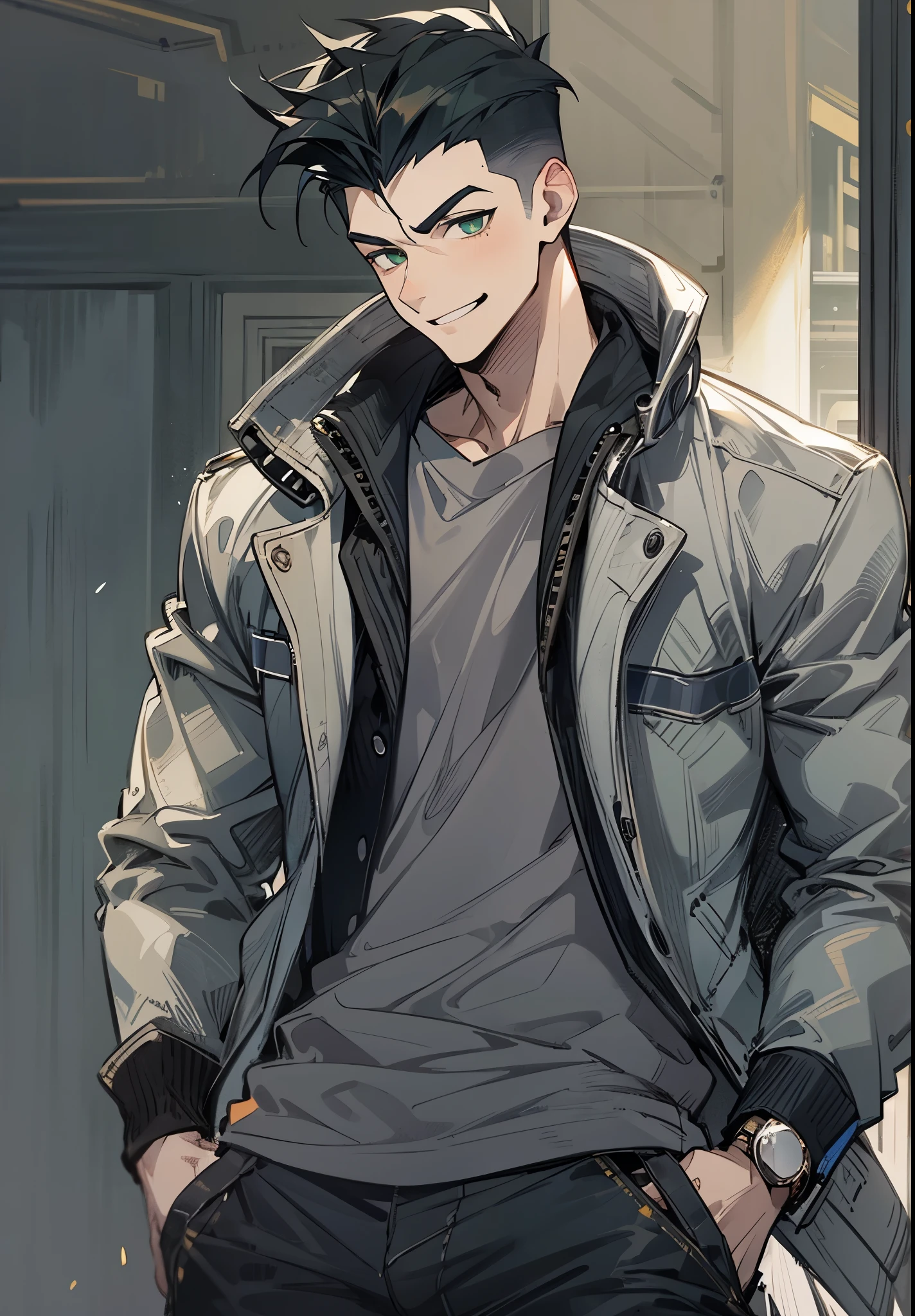 1male, , green eyes, Black hair, black jeans, grey suit coat, t-shirt, muscular, slicked back hair, smile, undercut