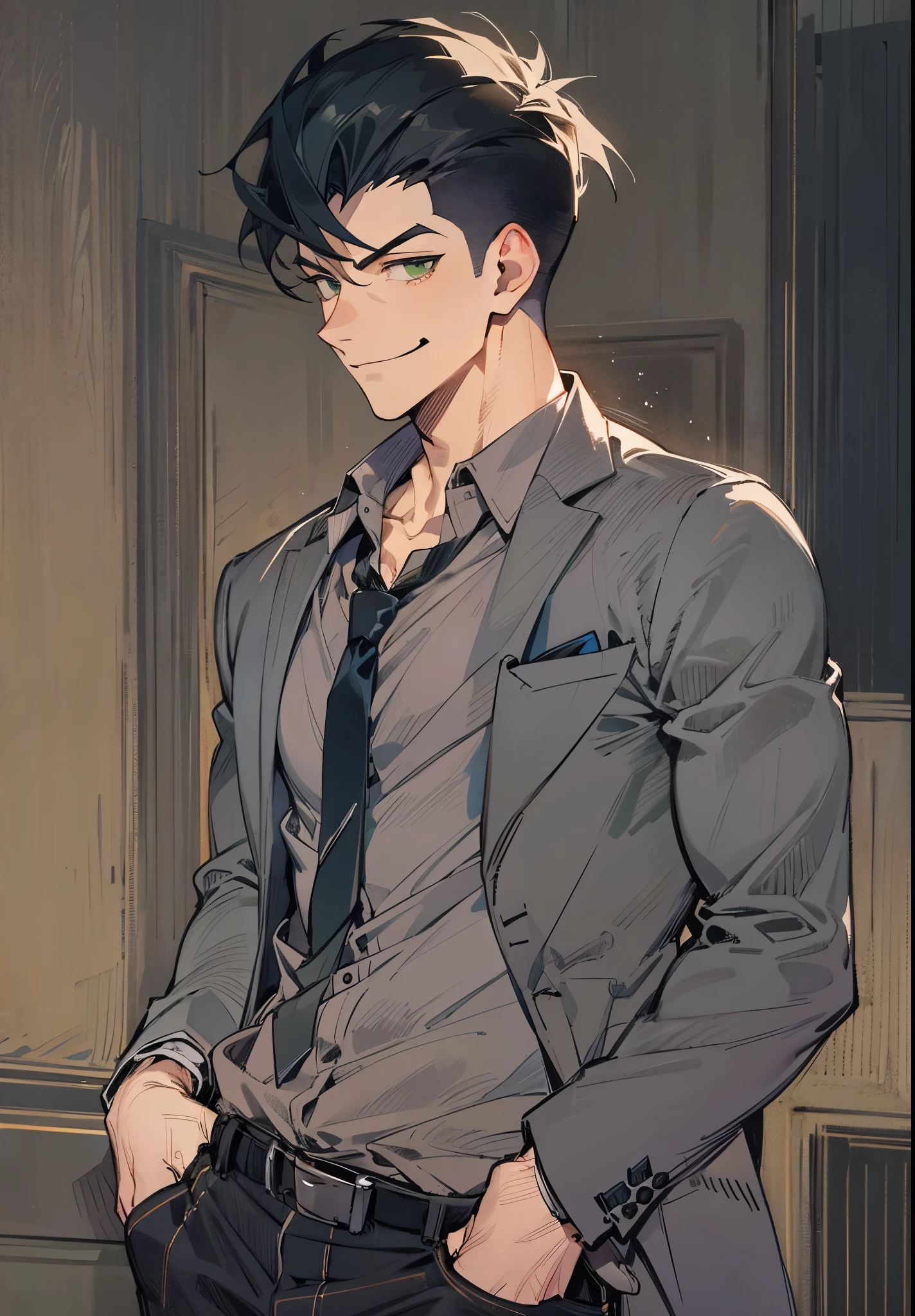1male, Adult, Olive green eyes, Black hair, black jeans, t-shirt, suit coat, undercut hair, muscular, smirk