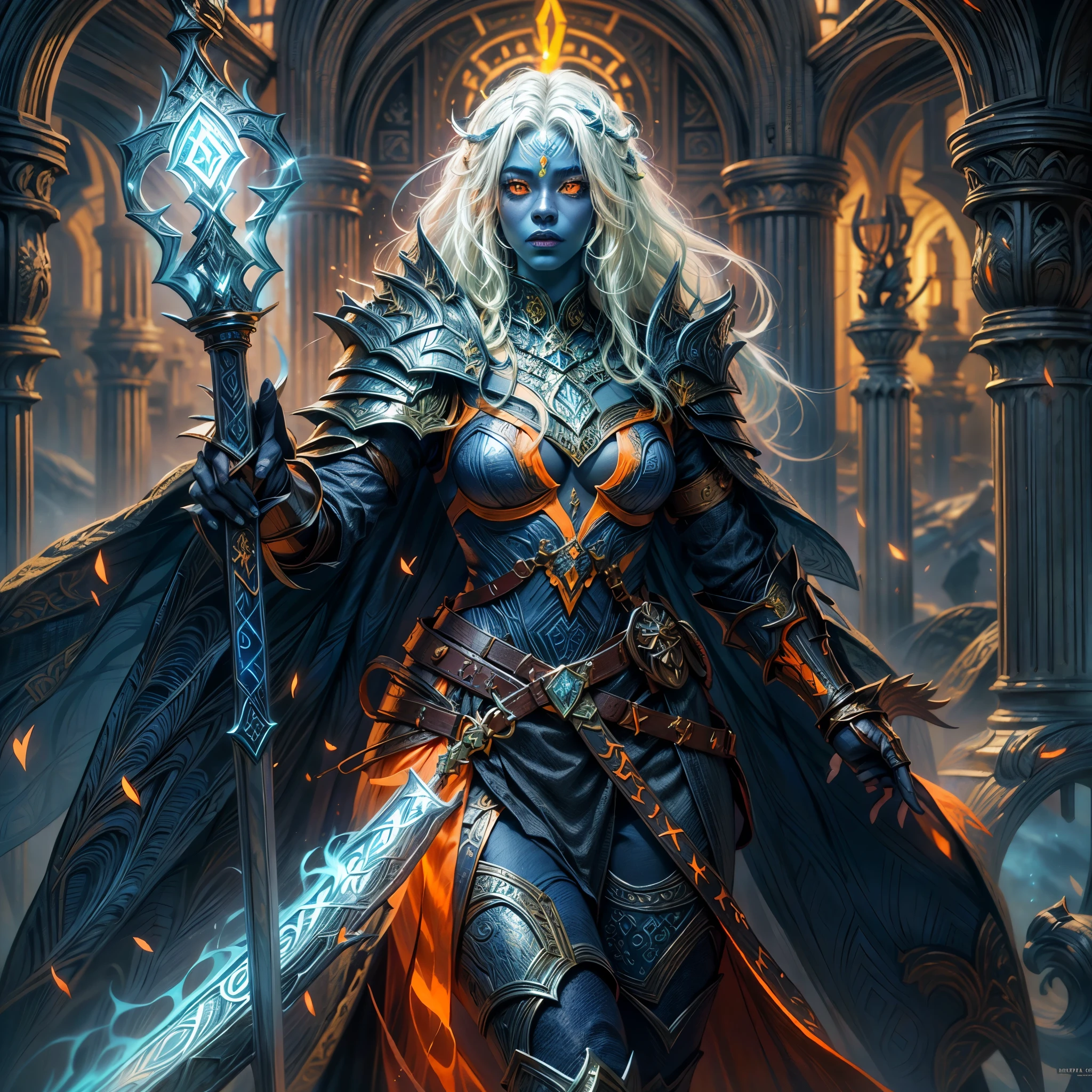 fantasy art, dnd art, RPG art, wide shot, (masterpiece: 1.4) portrait, intense details, highly detailed, photorealistic, best quality, highres, portrait a vedalken female (fantasy art, Masterpiece, best quality: 1.3) ((dark blue skin: 1.5)), intense details facial details, exquisite beauty, (fantasy art, Masterpiece, best quality) cleric, (dark blue colored skin: 1.5) 1person blue_skin, blue skinned female, (white hair: 1.3), long hair, intense green eye, fantasy art, Masterpiece, best quality) armed a fiery sword red fire, wearing heavy (white: 1.3) half plate mail armor CM-Beautiful_armor wearing high heeled laced boots, wearing an(orange :1.3) cloak, wearing glowing holy symbol GlowingRunes_yellow, within fantasy temple background, reflection light, high details, best quality, 16k, [ultra detailed], masterpiece, best quality, (extremely detailed), close up, ultra wide shot, photorealistic, RAW, fantasy art, dnd art, fantasy art, realistic art,