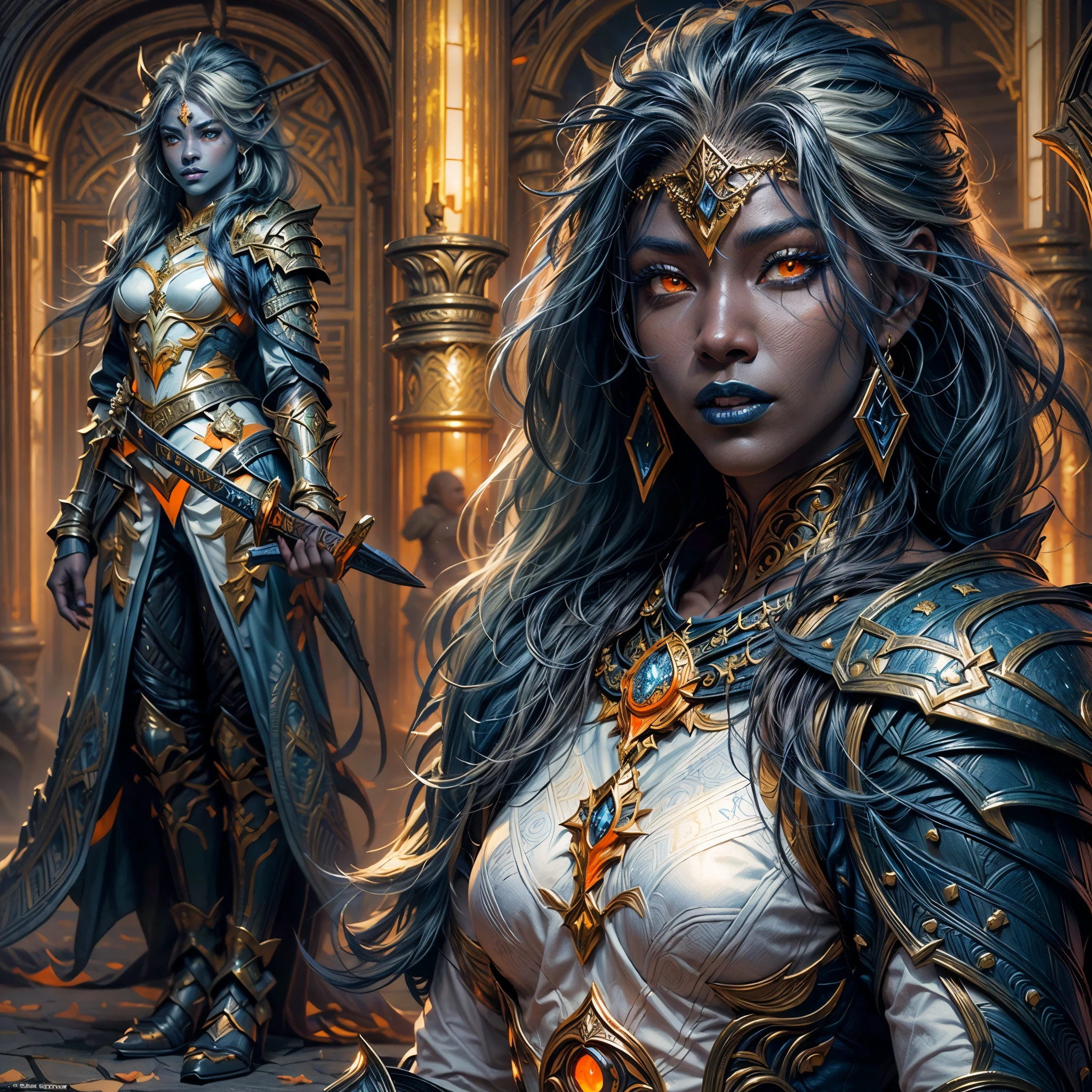 fantasy art, dnd art, RPG art, wide shot, (masterpiece: 1.4) portrait, intense details, highly detailed, photorealistic, best quality, highres, portrait a vedalken female (fantasy art, Masterpiece, best quality: 1.3) ((dark blue skin: 1.5)), intense details facial details, exquisite beauty, (fantasy art, Masterpiece, best quality) cleric, (dark blue colored skin: 1.5) 1person blue_skin, blue skinned female, (white hair: 1.3), long hair, intense green eye, fantasy art, Masterpiece, best quality) armed a fiery sword red fire, wearing heavy (white: 1.3) half plate mail armor CM-Beautiful_armor wearing high heeled laced boots, wearing an(orange :1.3) cloak, wearing glowing holy symbol GlowingRunes_yellow, within fantasy temple background, reflection light, high details, best quality, 16k, [ultra detailed], masterpiece, best quality, (extremely detailed), close up, ultra wide shot, photorealistic, RAW, fantasy art, dnd art, fantasy art, realistic art,