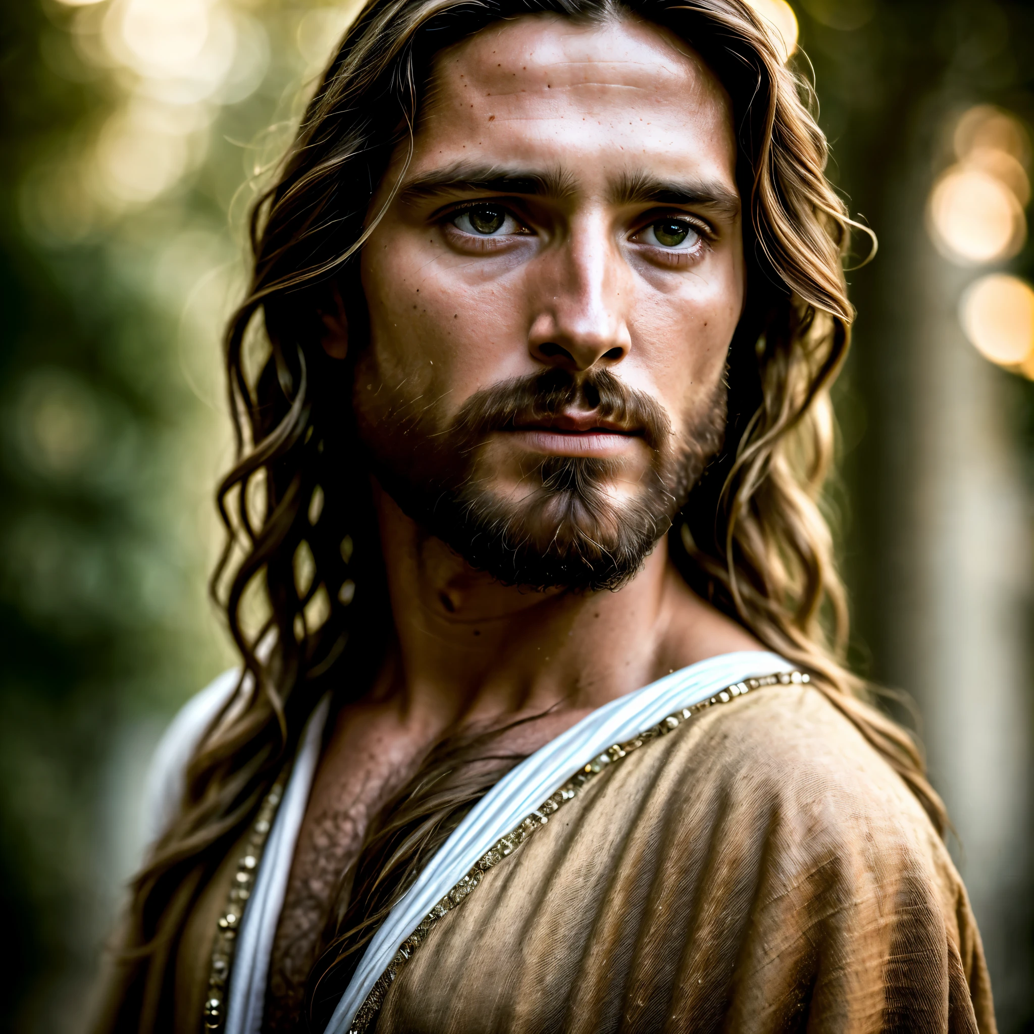 portrait of modern day Jesus, cinematic lighting, depth of field, bokeh, realism, photorealistic, hyperrealism, professional photography, uhd, dslr, hdr