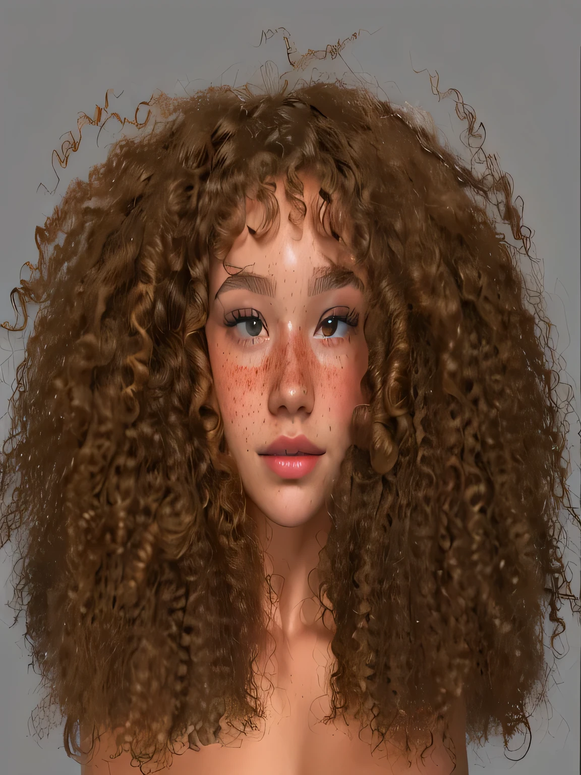 curly hair, keep details there is a digital painting of a woman with freckles on her face, with textured hair and skin, detailed face and body, detailed realistic face, photorealistic skin tone, realistic skin color, realistic detailed face, highly detailed realistic face, natural skin tone 4k textures, beautiful detailed body and face, highly detailed portrait, detailed body and face, curly afro