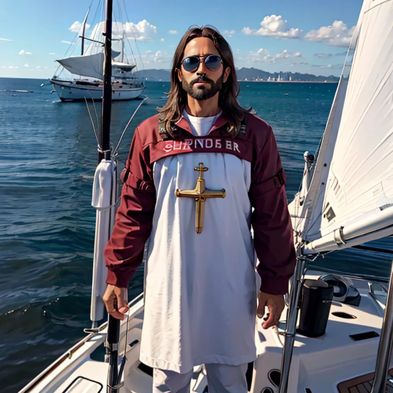 Jesus Christ standing in a sailboat wearing sunglasses. Realistically scaled