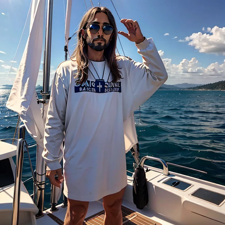 Jesus Christ standing in a sailboat wearing sunglasses. Realistically scaled