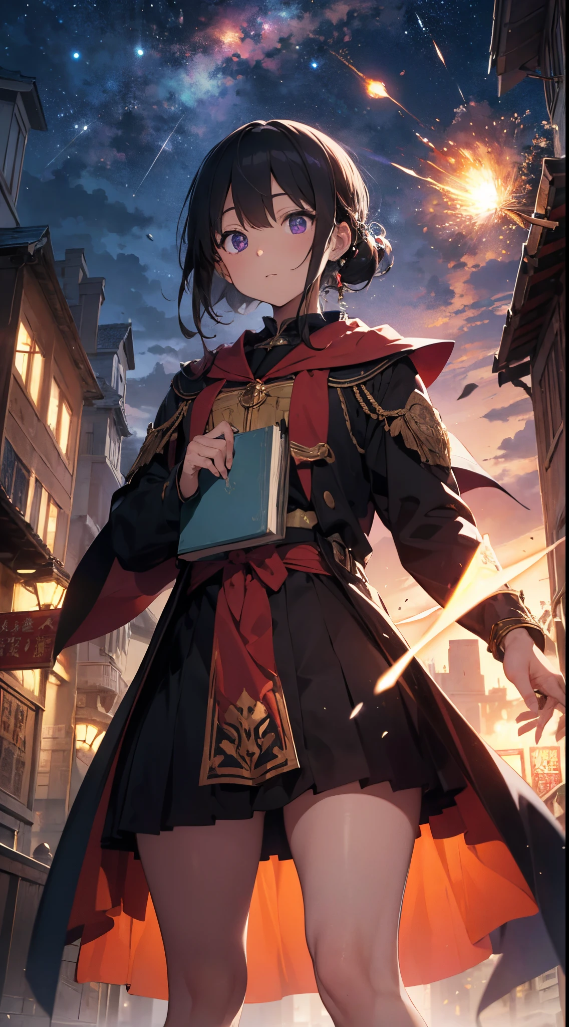 「(Archmage Teacher:1.3)But、Standing in front of students in the courtyard of the magic academy、古代の魔法書を片手に持ちなButら超天体級魔法を詠唱している。His eyes were purple.、その瞳からは強力な魔力But放たれている。His attire is、深紅のローブに金の縁取りBut施され、胸元には大魔導士の証である紋章But刺繍されている。彼の周りには魔法のルーンや紋様But浮かび上Butり、その中心から空に向かって特大のメテオBut降り注ぐ様子But描かれている。In the background、Gothic magic academy buildings and、驚く生徒たちの姿But描かれている。」
