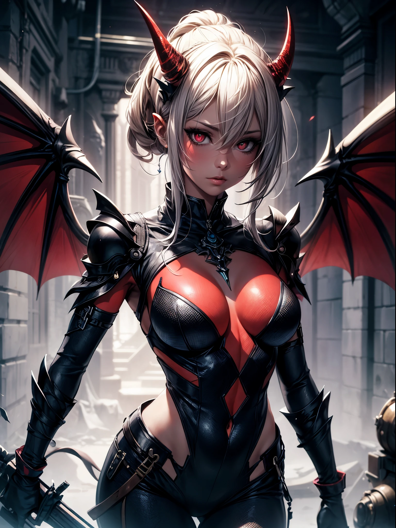 A beautiful and seductive demon girl, fantasy background, red skin,horn, demon wings, charming gaze,  succubus tailREAK,Detailed,Realistic,4k highly detailed digital art,octane render, bioluminescent, BREAK 8K resolution concept art, realism,by Mappa studios,masterpiece,best quality,official art,illustration,ligne claire,(cool_color),perfect composition,absurdres, fantasy,focused,rule of third