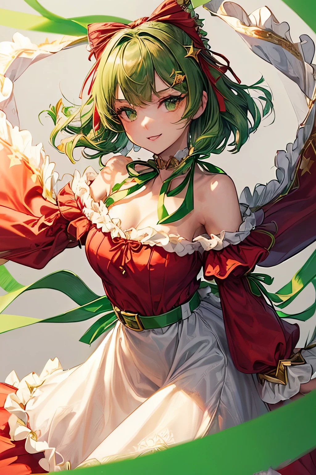 "((worst quality, low-quality)), ((a closeup)), (girl with:1.2), (A dark-haired, short-cut:1.3), (Dynamic Pose:1.2), plump shiny lips, Beautiful clear eyes, (The best smile), Spoken Heart, (perfect hand:1.2),  ([star-shaped] Hair Ornament:1.4),[[Earrings in the shape of a moon:1.3]], (Golden Bracelet:1.3), wind lift,
 (Red and [[[white]]] theme:1.5), (summer maxi red frilled Dress:1.5), ([[white snowflake-printed]] on Dress:1.4), (Bare shoulder:1.4), (Detached sleeves:1.3), (fur-trimmed_Capelet), (fur-trimmed_Dress:1.2), (green theme:1.3), (green choker with ribbon:1.3), (Green hair ribbon:1.2), (Green belt:1.3), (green ribbon on Green belt:1.5), low  angle shot, masutepiece,Best Quality,ultra-detailliert, ​masterpiece,"
