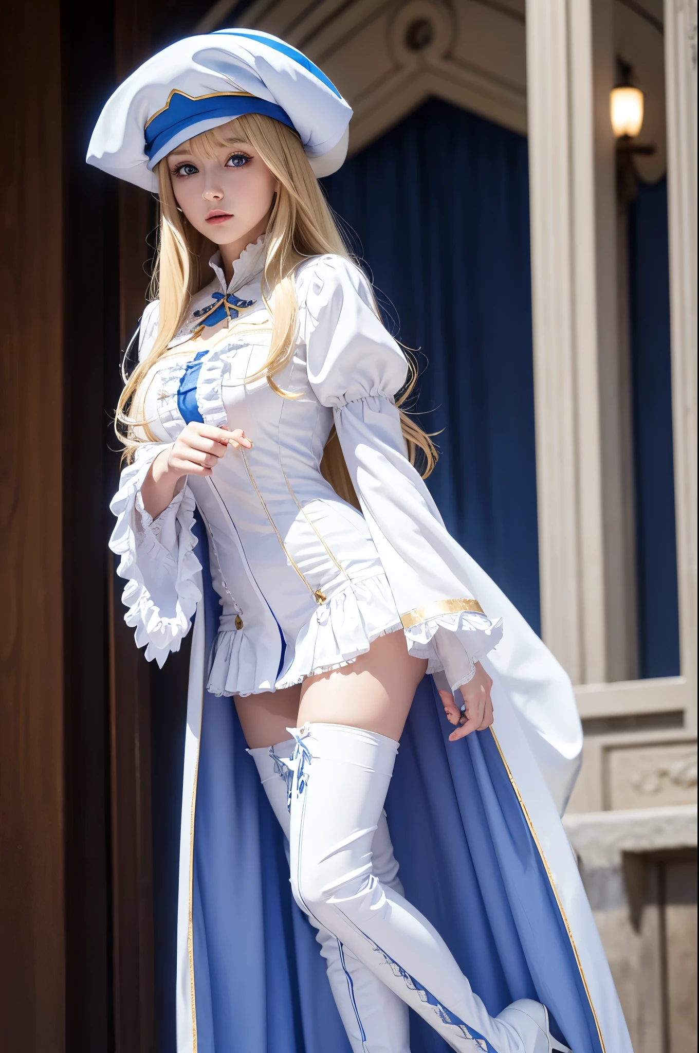 priestess, blonde hair, blue eyes, long hair, hair between eyes, boots, dress, frilled sleeves, frills, hat, white headwear, pelvic curtain, high heels, robe, thigh boots, thighhighs, white thighhighs, long sleeves, puffy sleeves,