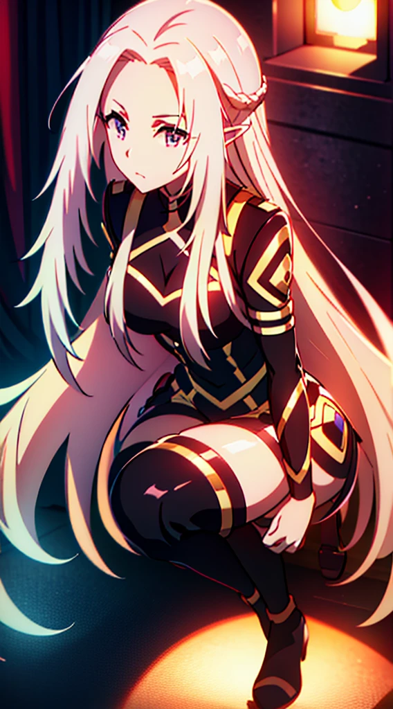 Original, masterpiece, high quality, white hair, 1girl, solo, extremely_long_hair, pink_eyes, elf ears, black bodysuit, heels, eminence in shadow, full body,