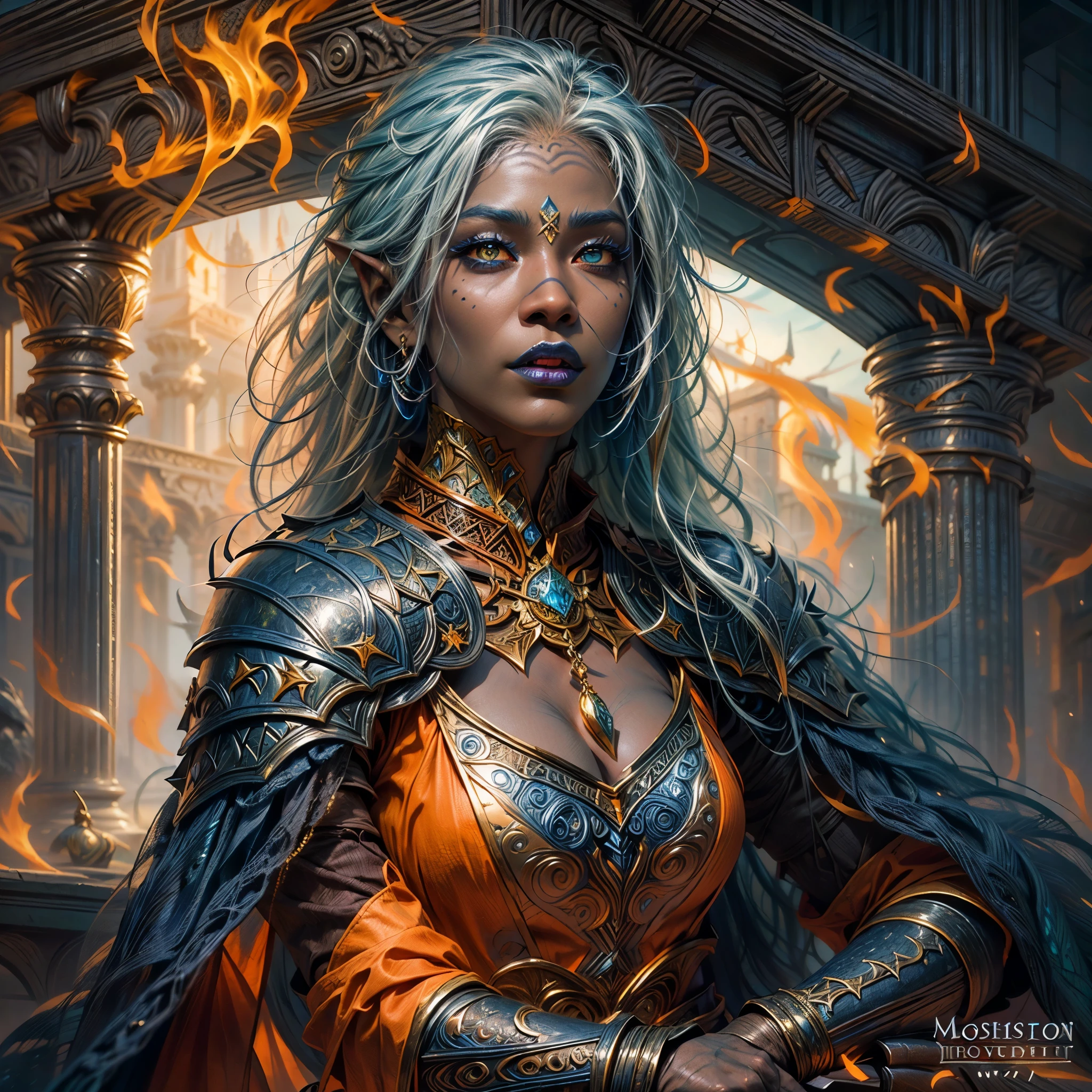 fantasy art, dnd art, RPG art, wide shot, (masterpiece: 1.4) portrait, intense details, highly detailed, photorealistic, best quality, highres, portrait a vedalken female (fantasy art, Masterpiece, best quality: 1.3) ((dark blue skin: 1.5)), intense details facial details, exquisite beauty, (fantasy art, Masterpiece, best quality) cleric, (dark blue colored skin: 1.5) 1person blue_skin, blue skinned female, (white hair: 1.3), long hair, intense green eye, fantasy art, Masterpiece, best quality) armed a fiery sword red fire, wearing heavy (white: 1.3) half plate mail armor CM-Beautiful_armor wearing high heeled laced boots, wearing an(orange :1.3) cloak, wearing glowing holy symbol GlowingRunes_yellow, within fantasy temple background, reflection light, high details, best quality, 16k, [ultra detailed], masterpiece, best quality, (extremely detailed), close up, ultra wide shot, photorealistic, RAW, fantasy art, dnd art, fantasy art, realistic art,