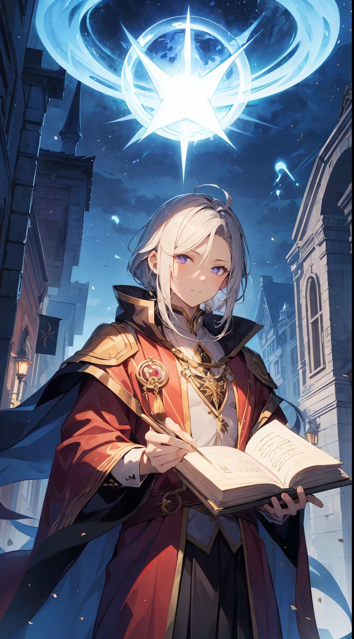 「(Archmage Teacher:1.3)But、Standing in front of students in the courtyard of the magic academy、古代の魔法書を片手に持ちなButら超天体級魔法を詠唱している。His eyes were purple.、その瞳からは強力な魔力But放たれている。His attire is、深紅のローブに金の縁取りBut施され、胸元には大魔導士の証である紋章But刺繍されている。彼の周りには魔法のルーンや紋様But浮かび上Butり、その中心から空に向かって特大のメテオBut降り注ぐ様子But描かれている。In the background、Gothic magic academy buildings and、驚く生徒たちの姿But描かれている。」