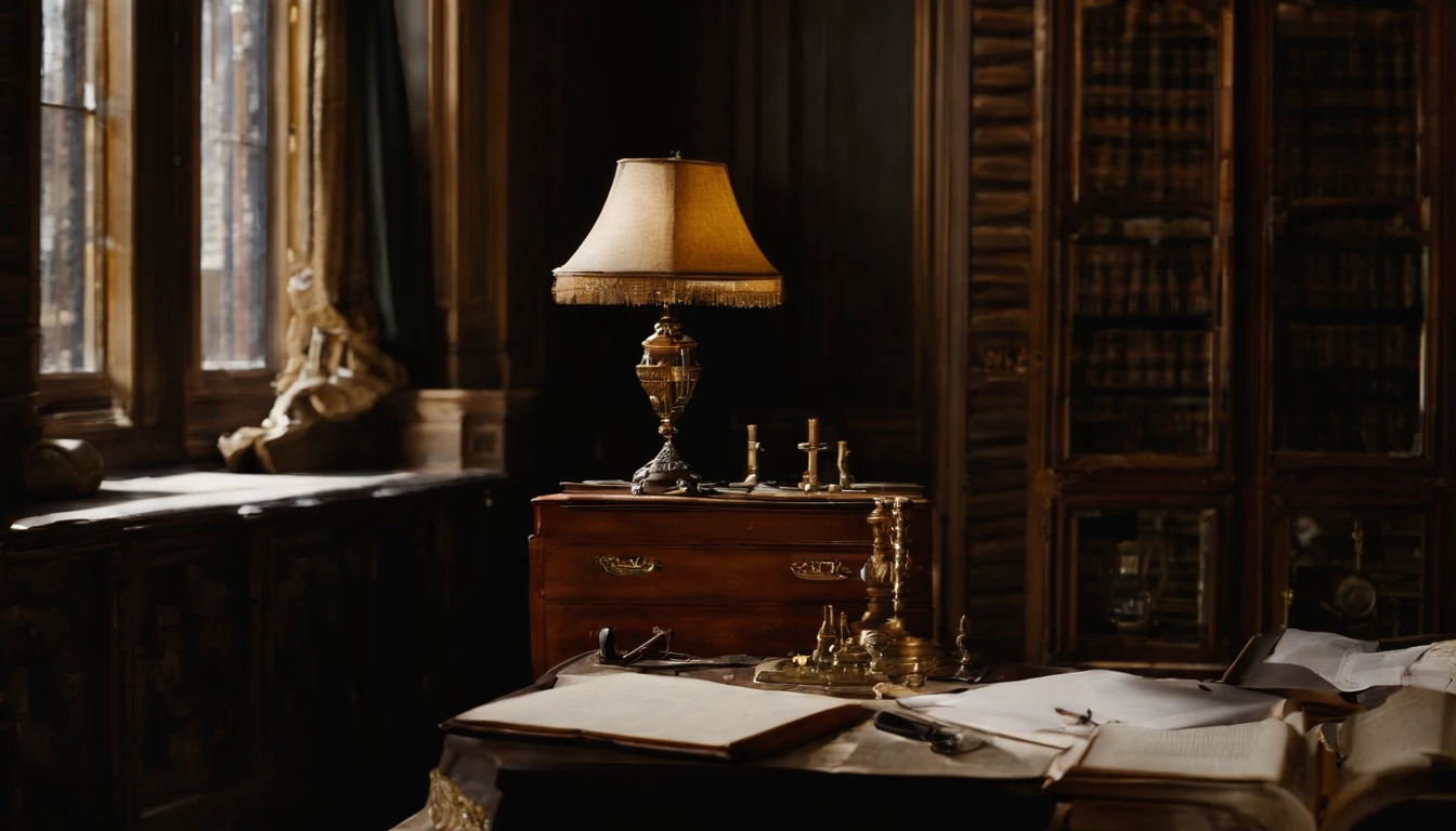 Lieu : Un bureau victorien, avec un bureau en bois massif et une grande fenêtre donnant sur les rues de Londres. Détails : sur le bureau, il y a une tasse de thé à moitié vide et une copie de son roman « Le Portrait de Dorian Gray ». La pièce est éclairée par la lumière douce d'une lampe à huile, créant une atmosphère chaleureuse et accueillante.