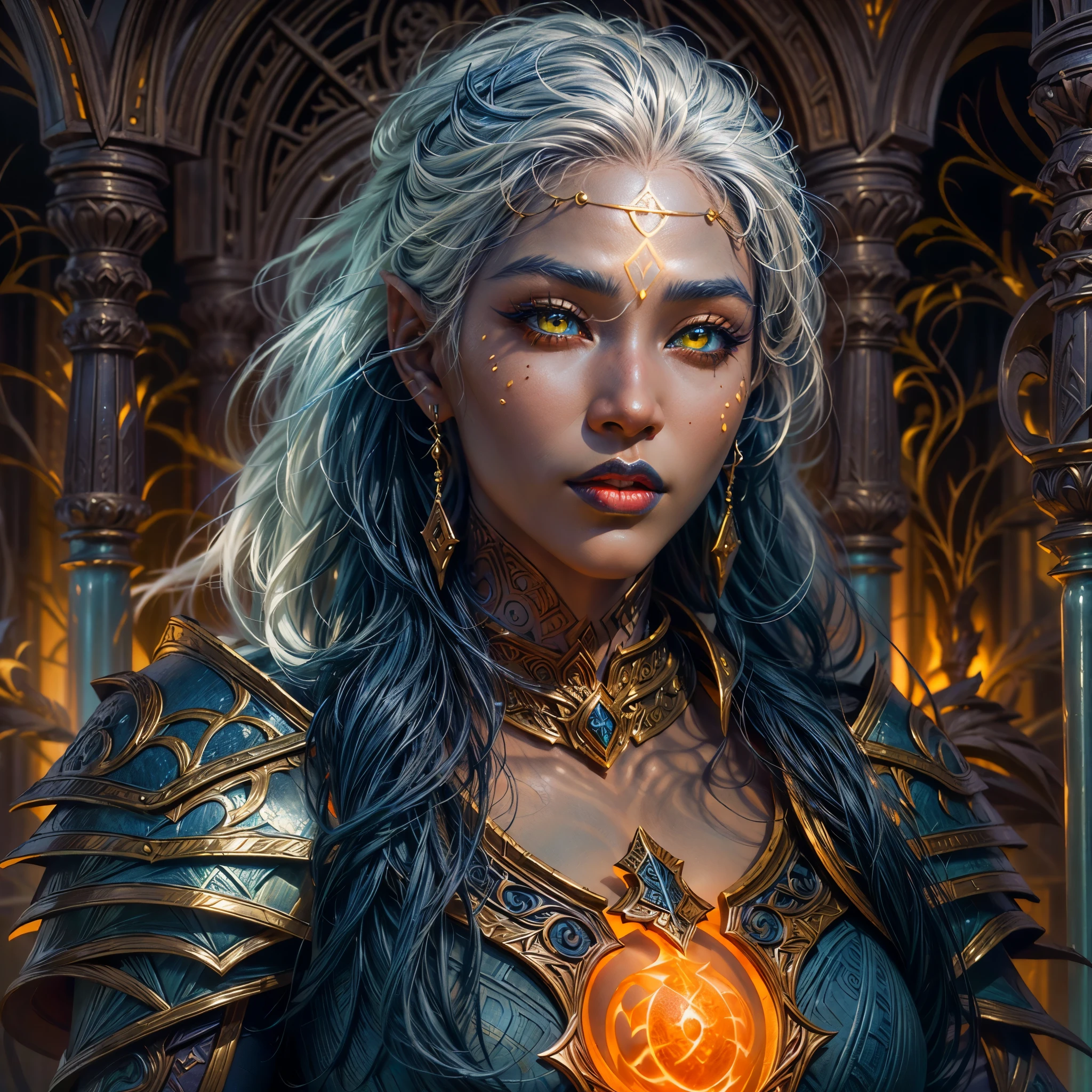 fantasy art, dnd art, RPG art, wide shot, (masterpiece: 1.4) portrait, intense details, highly detailed, photorealistic, best quality, highres, portrait a vedalken female (fantasy art, Masterpiece, best quality: 1.3) ((dark blue skin: 1.5)), intense details facial details, exquisite beauty, (fantasy art, Masterpiece, best quality) cleric, (dark blue colored skin: 1.5) 1person blue_skin, blue skinned female, (white hair: 1.3), long hair, intense green eye, fantasy art, Masterpiece, best quality) armed a fiery sword red fire, wearing heavy (white: 1.3) half plate mail armor CM-Beautiful_armor wearing high heeled laced boots, wearing an(orange :1.3) cloak, wearing glowing holy symbol GlowingRunes_yellow, within fantasy temple background, reflection light, high details, best quality, 16k, [ultra detailed], masterpiece, best quality, (extremely detailed), close up, ultra wide shot, photorealistic, RAW, fantasy art, dnd art, fantasy art, realistic art,