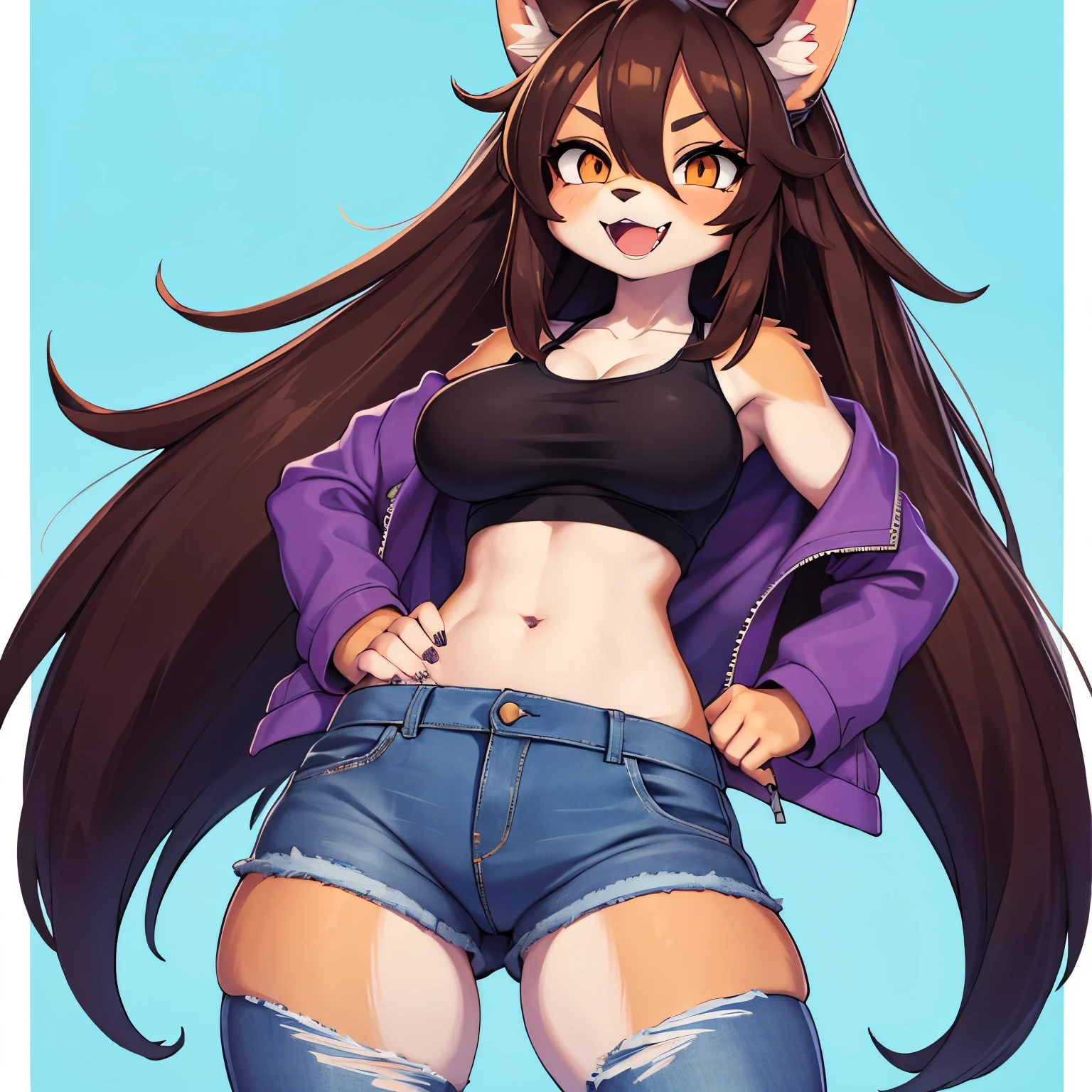 (masterpiece), best quality, perfect face, expressive eyes, 1girl, solo, (brown fur skin), wolf ears, delinquent girl, messy hair, long hair, orange eyes BREAK (purple jacket), black tanktop BREAK navel, torn jeans, blue jeans BREAK smirk, open mouth, Big breasts, standing , blue and yellow background