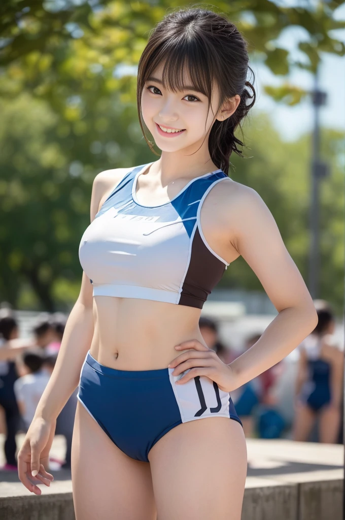 Front Body Shot:1.9, grin and laugh:1.3, blush:1.2, field athlete, Standing on the athletics stadium, spread your legs:1.5, Standing facing forward:1.9, looking at the viewer, Wearing a seamless separate field uniform, tight fit panties, camel toe:1.8, short torso:1.3, thin, medium breasts, belly button, ((thin:1.3)), ((medium hair)), (((small ass))), parted bangs, (highest quality, 8K, 32K, masterpiece, UHD:1.2),Photo of Pretty Japanese girls(Japanese:1.2), realistic,(20-year-old:1.2),(highest quality, 8K, 32K, masterpiece, UHD:1.2),Photo of Pretty Japanese girls(Japanese:1.2)