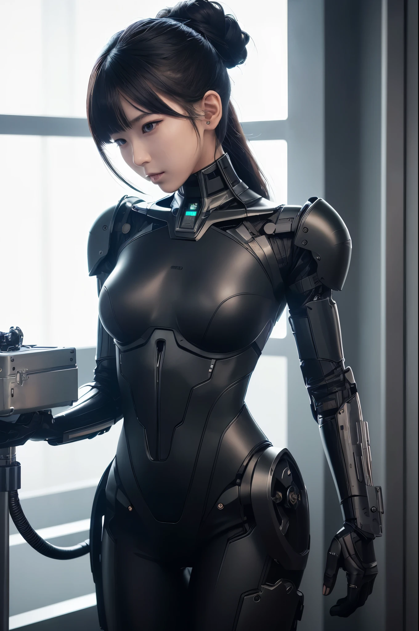 masutepiece, Best Quality, Extremely detailed, (Photorealsiticです:1.4), (Raw photo) (Raw photo) (8K, 4K, Best Quality, hight resolution, 超hight resolution:1.1), (masutepiece, Realistic, Photorealsitic:1.1), 1girl in, Japaesecyborgs少女,Plump , control panels,アンDroid,Droid,Mechanical Hand, 机器人の腕と脚, ブラック机器人パーツ,Black hair,Mechanical body,Blunt bangs,White 机器人ics parts,perfect 机器人 girl,future laboratory,cyberpunked,Charging spot,laboratory,Long Tube,A thick cable was connected to her neck.,ceramic body ,Mechanical body, Ear Antenna,mechanical ear covers, Black Leggings,mechanical costume,アンDroid,机器人,Humanoid,cyborgs,japanese teenager アンDroid ,Mechanical chest of drawers