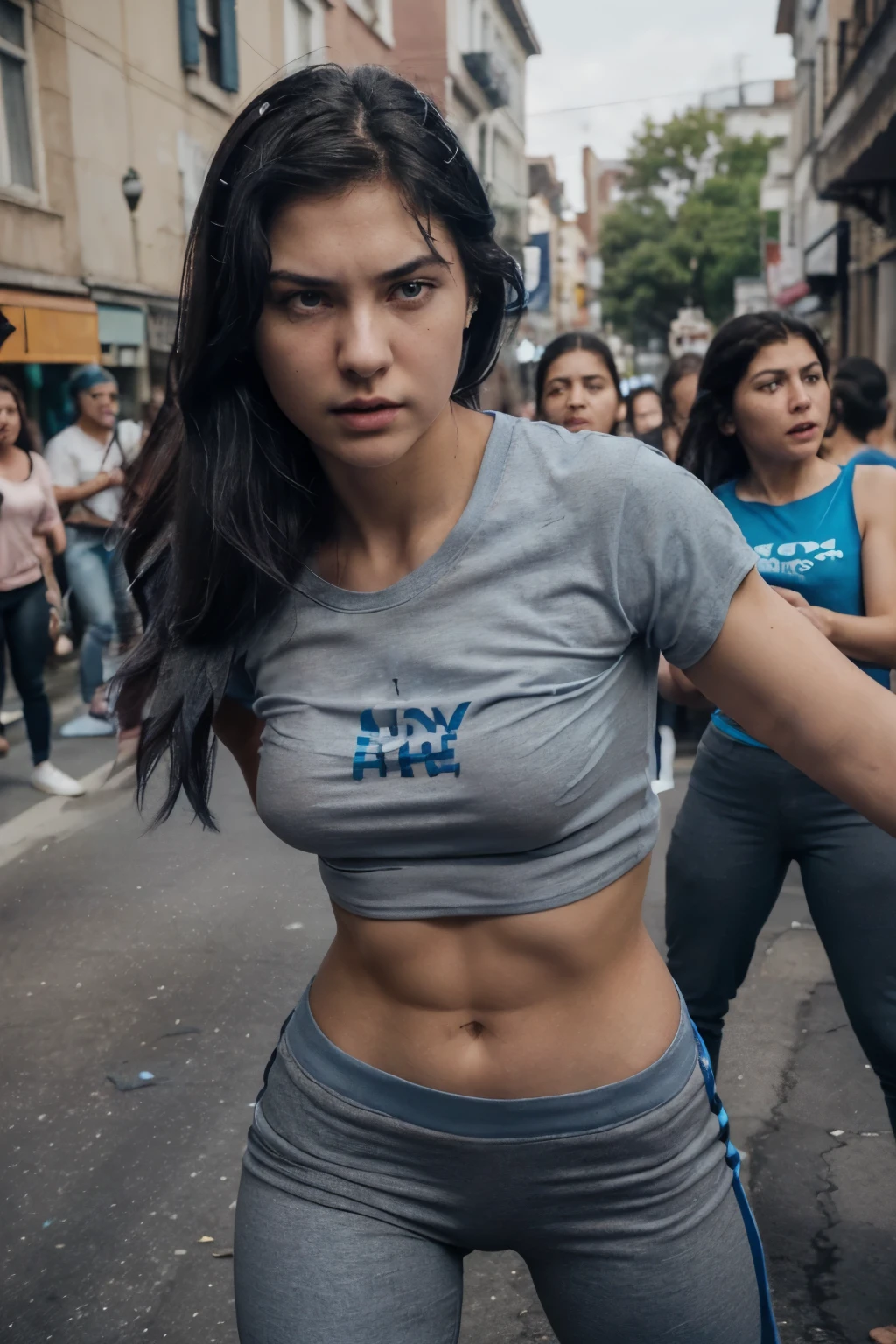 (beautiful girl fighter) ((blue t-shirt, gray pants)) Beautiful, perfect face, (slender body) thin body, (black hair) (blue eyes) (white skin) beautiful body, western face, predatory eyes, pink vaginal lips, thin hips, thin thighs, collarbone, ribs, (face: anger) full body, (smooth pussy, shaved vagina) Western Beauty, thin nose, (location: street, neighborhood, village). ((girl fighting in the street, fight, punches, violence, aggression)) ((crowd around, people in the background, street full of people, people watching the fight))