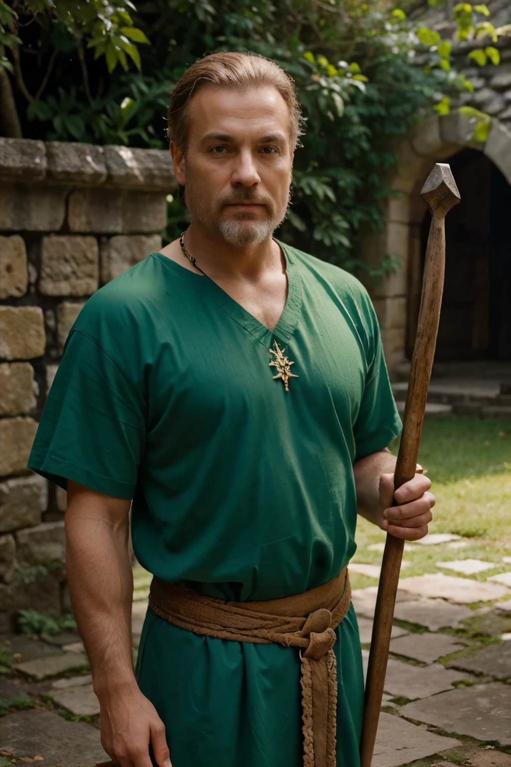 Master Alistair is a wise man, com cabelos grisalhos e longos que fluem como os rios do jardim.
Your eyes are deep and carry the wisdom of ancient times.
He wears a greenish tunic and carries a staff carved with ancient runes..