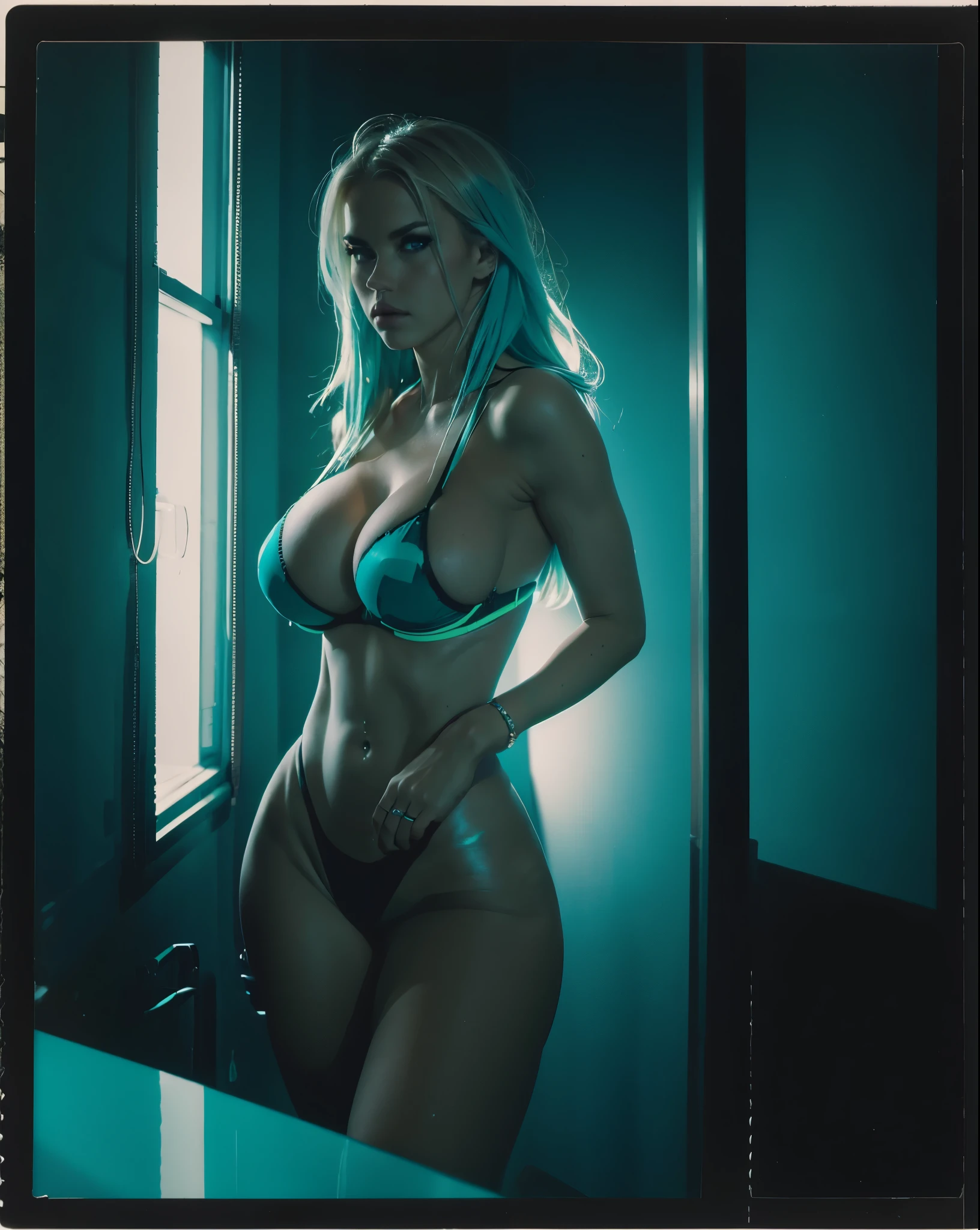 closeup polaroid of young blonde woman, (((big boobs))), latex, bdsm, abs, supermodel, in black environment, (model pose 1.5), sexual, agressive, femdom, (((cyan neon lights))), masterpiece, chiaroscuro, eye level, Kodak Funsaver, Porta 160, 35mm, bokeh, in the style of Nan Goldin