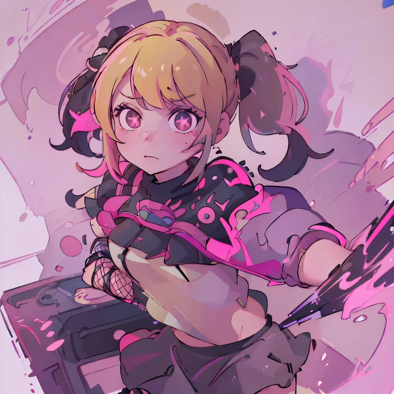 Masterpiece, best quality, (very detailed CG unity 8k wallpaper) (best quality), (best illustration), (best shadows) Vibrant colors, pink off the shoulders sweater, blonde pigtails, black high top converse with black fishnets underneath, pink eyes, pink skirt, star hair clipping, beautiful, white skin tone