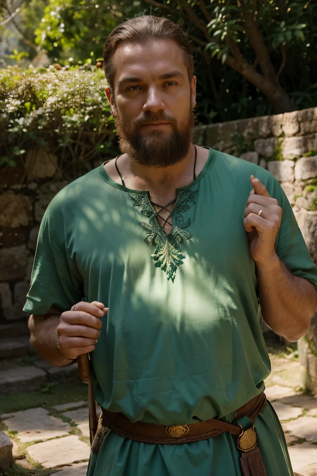 Master Alistair is a wise man, com cabelos grisalhos e longos que fluem como os rios do jardim.
Your eyes are deep and carry the wisdom of ancient times.
He wears a greenish tunic and carries a staff carved with ancient runes..