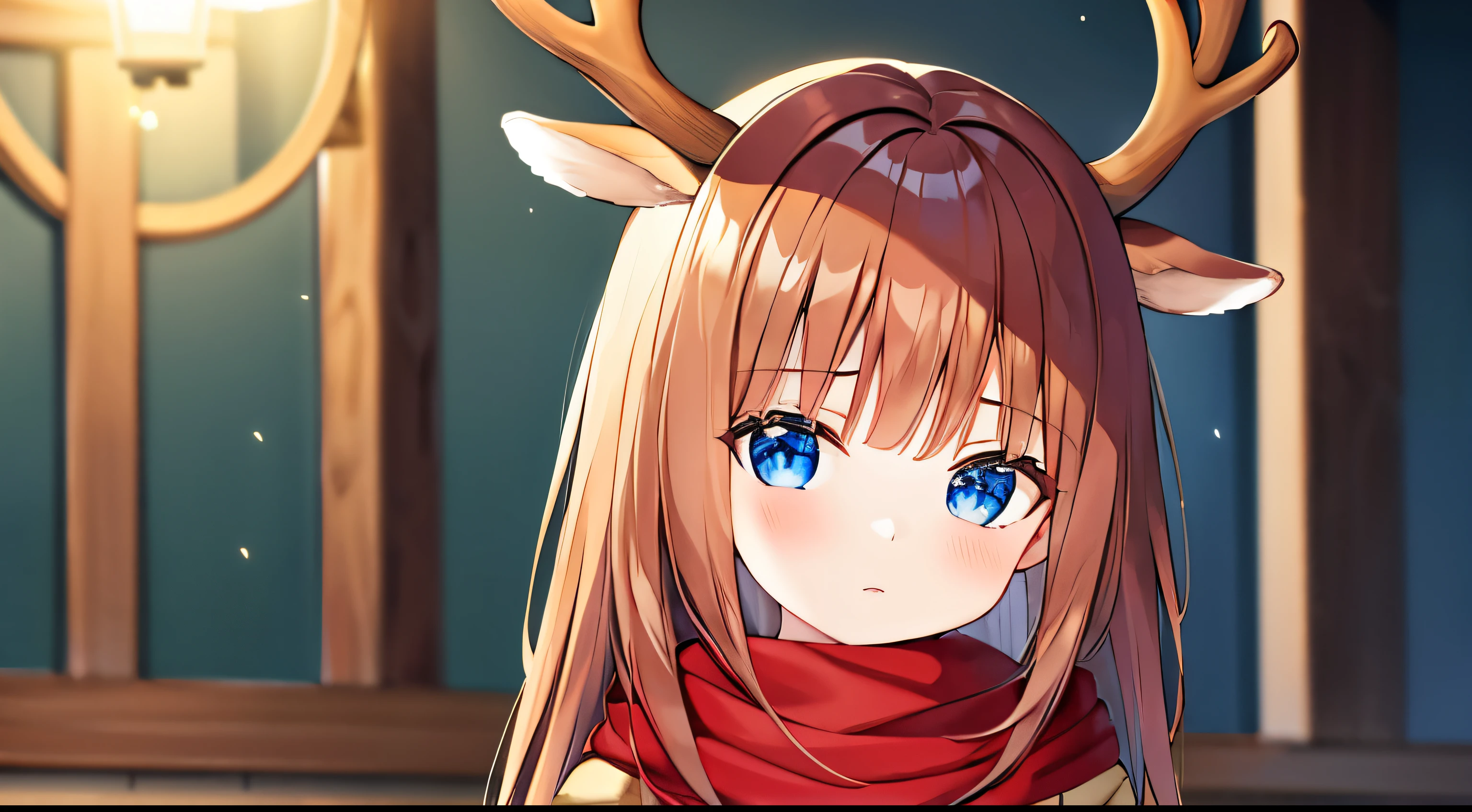 Brown hair,antlered head,girl wearing red scarf,Have blue clear eyes, body type,it's lovely