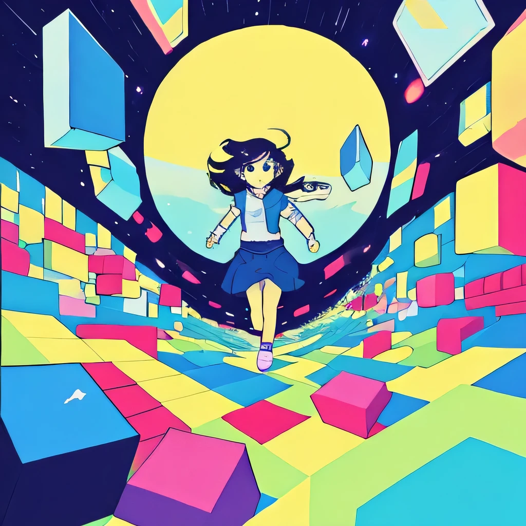 minimalistic girl flying through a wave of cubes, perspective, epic, colorful, cover art, cinematic, trippy, retro
