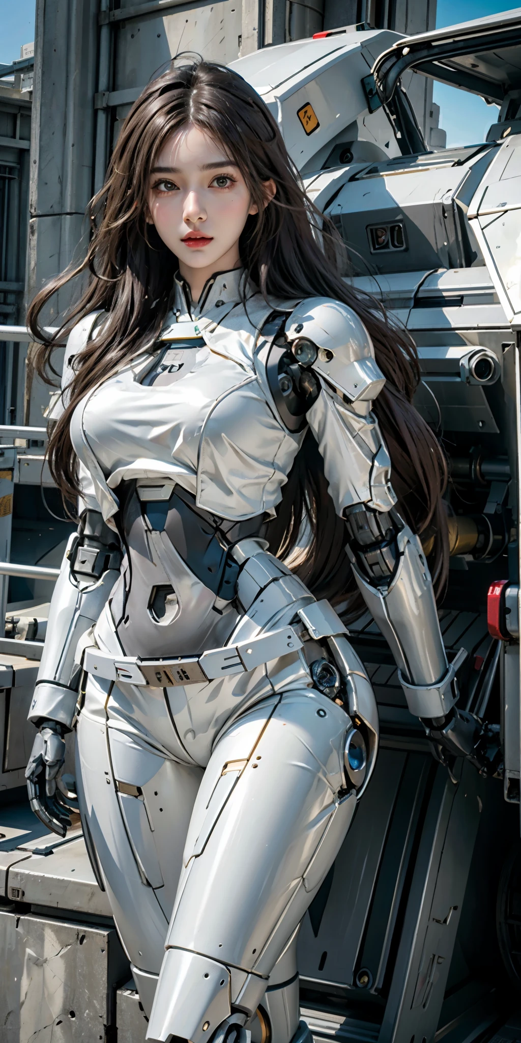 photorealistic, high resolution, soft light,1women, solo, hips up, (detailed face), long hair, mecha musume, mechanical parts, robot joints