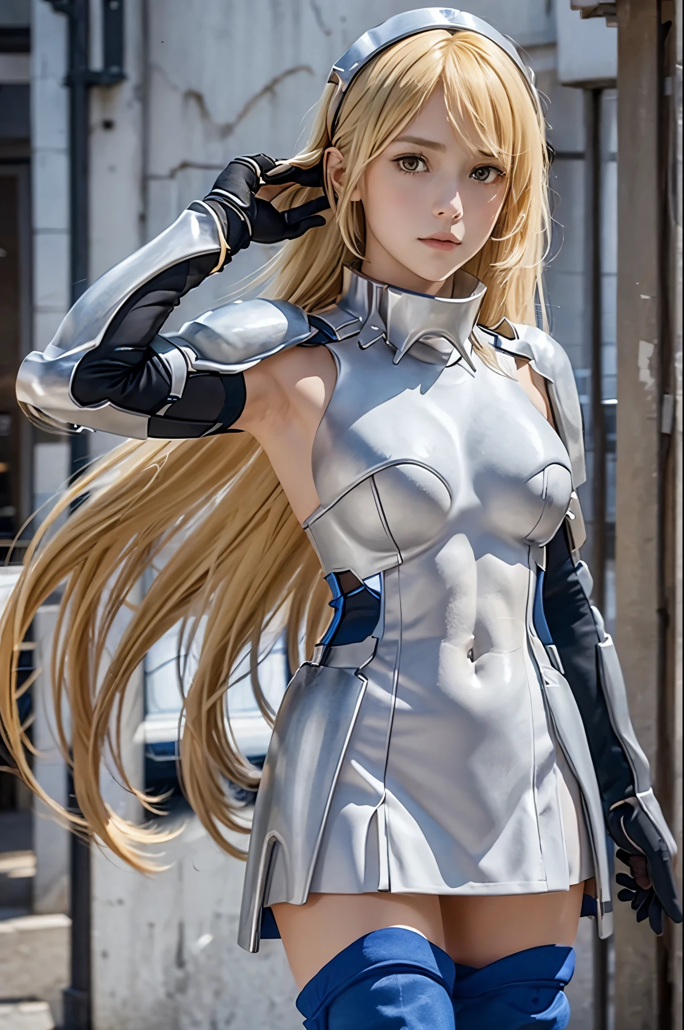 ais, 1girl, solo, blonde hair, armor, long hair, straight hair, thighhighs, boots, dress, yellow eyes, thigh boots, blue long boots, blue footwear, covered navel, breastplate, shoulder armor, gloves, white dress