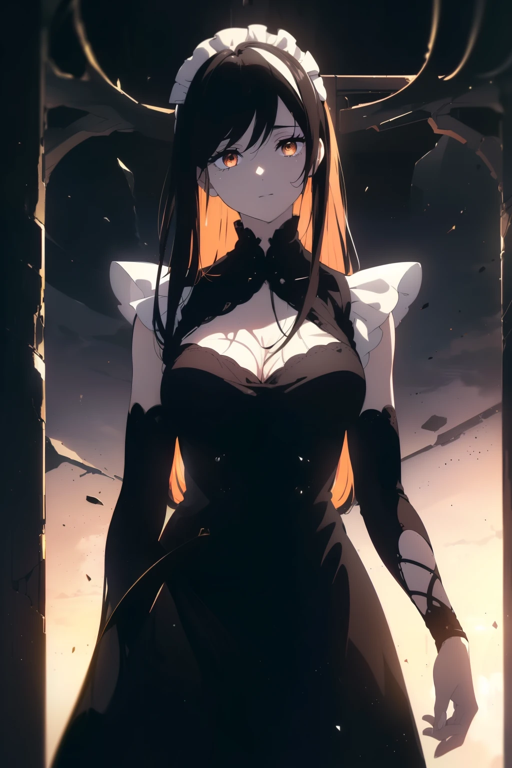 ((((Obra maestra, La mejor calidad, ultrahigh resolution)))), 1girl, standing, (cute maid costume), ((long black hair, black hair over eye)), long hair cut, pale skin, ((brown eyes)), glowing_eyes, neon eyes, (ultra detailed eyes:0.7, beautiful and detailed face, detailed eyes:0.9), ((centered)), smile, ((wide shot)), facing viewer, ((vibrant background, bright lighting, summer, sunlight)), flat chested, looking at viewer, ((half closed eyes)), ((perfect hands)), (((head:1, arms, hips in view, elbows, arms, legs, in view))), ((hands behind back)), empty eyes, beautiful lighting, ((outside, outdoors)), defined subject, head tilt, (((gritty)), ((creepy)), ((cool)), ((beautiful)), (((SFW)))