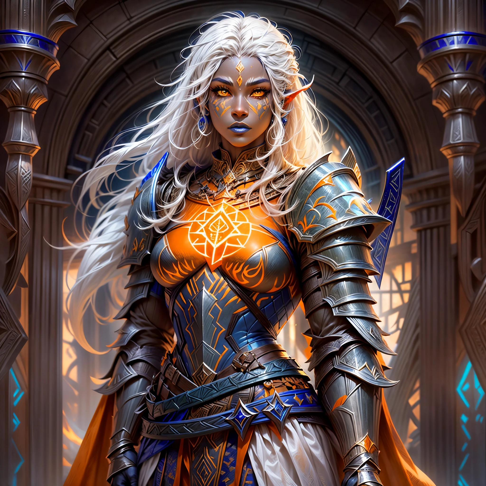 fantasy art, dnd art, RPG art, wide shot, (masterpiece: 1.4) portrait, intense details, highly detailed, photorealistic, best quality, highres, portrait a vedalken female (fantasy art, Masterpiece, best quality: 1.3) ((cobalt skin: 1.5)), intense details facial details, exquisite beauty, (fantasy art, Masterpiece, best quality) cleric, (cobalt colored skin: 1.5) 1person blue_skin, blue skinned female, (white hair: 1.3), long hair, intense green eye, fantasy art, Masterpiece, best quality) armed a fiery sword red fire, wearing heavy (white: 1.3) half plate mail armor CM-Beautiful_armor wearing high heeled laced boots, wearing an(orange :1.3) cloak, wearing glowing holy symbol GlowingRunes_yellow, within fantasy temple background, reflection light, high details, best quality, 16k, [ultra detailed], masterpiece, best quality, (extremely detailed), close up, ultra wide shot, photorealistic, RAW, fantasy art, dnd art, fantasy art, realistic art,