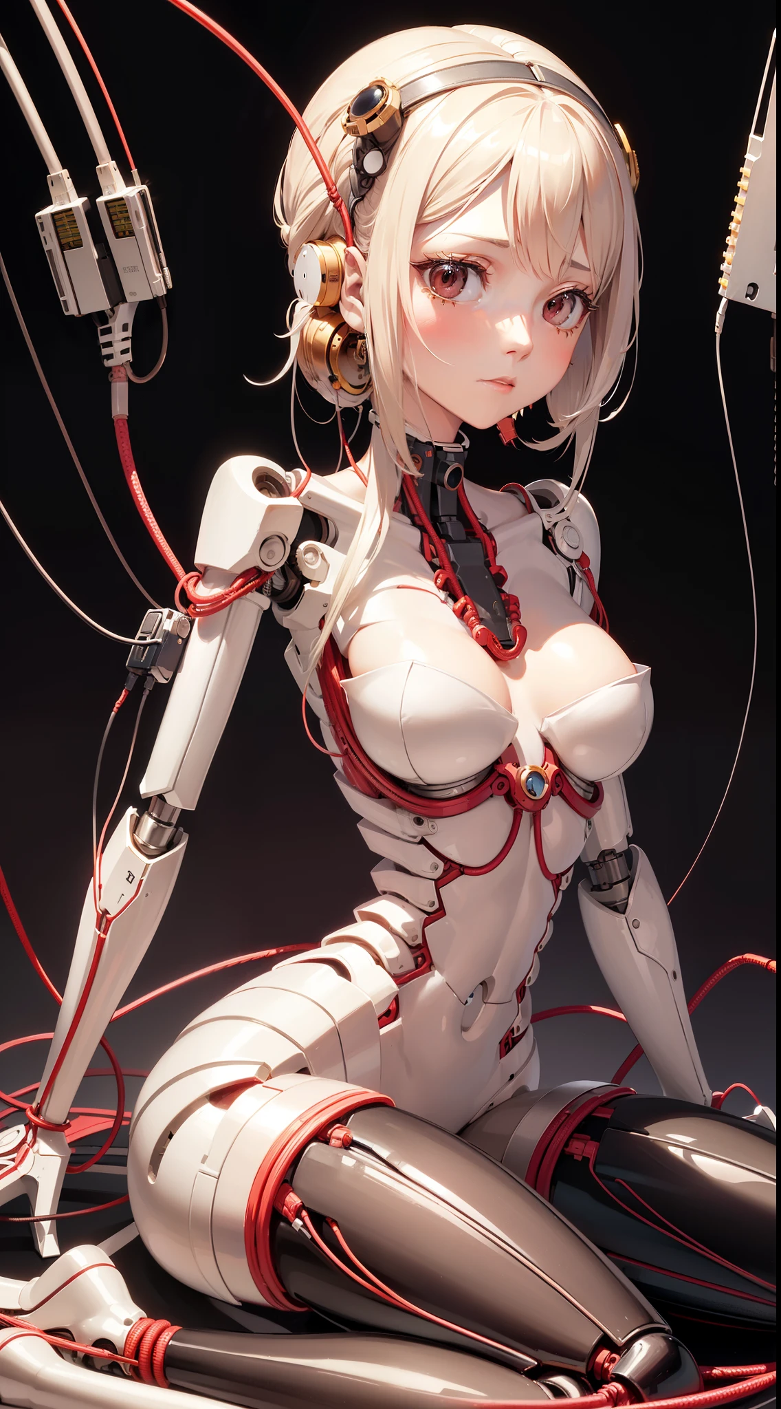 (((masutepiece))), ((((Best Quality)))), (((Ultra-detailed))), (CG Illustration), ((Extremely delicate and beautiful)),(Cute and delicate face),Cinematic Light,((1 Mechanical Girl)),Solo,full body Esbian,(Machine-made joints:1.4),((Mechanical limb)),(Blood vessels attached to tubes),((The mechanical vertebrae are attached to the back)), ((Mechanical cervical vertebrae attached to neck)),((Seated)),expressionless face,(Wires and cables attached to the head and body:1.5),(Character Focus),sci-fy，Large breasts，Look into the camera