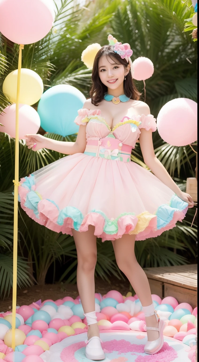 Fashion: Dress up in a colorful ensemble reminiscent of candy wrappers, Cleavage in bright pastel colors and playful accessories、Colossal tits、. 2. Pose: Pose whimsically while holding a giant lollipop, Show off a carefree and fun attitude. 3. Background: Pose in front of a candy-themed background filled with oversized candies, cotton candy clouds, and Candy Cane Tree. 4. Candy Throne: Sit on a candy-style throne made with oversized gum drops, Surrounded by candy treasures. 5. Cupcake Delight: Lean on a giant cupcake prop, Please wear clothes that match the color and frosting of the cupcake. 6. Rainbow Pathway: Walk along a rainbow path made of candy pieces, Exudes surprise and excitement. 7. Candy Rain: With colorful umbrella「Candy Rain」Capture the moment of, Standing under a shower of falling candies. 8. giant cream corn: Pose beside a giant cream cone prop, A costume with a distinctive cream corn pattern and color.. 9. Candy Wonderland Swing: Playfully swing in candy cane swing in dreamy landscape of candy tree and candy floss clouds. 10. Gummy Bear Garden: Sit in the garden of oversized gummy bears, Wearing gummy bear-themed costumes to match the colors of the candy garden