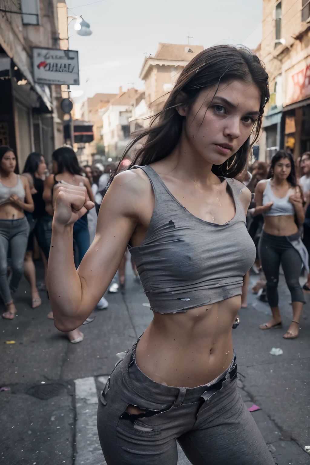 (beautiful girl fighter) ((torn gray t-shirt, gray pants torn and falling)) ((torn clothes)) Beautiful and perfect face, (slender body) thin body, (black hair) (blue eyes) (white skin ) beautiful body, Western face, predatory eyes, pink vaginal lips, thin hips, thin thighs, collarbone, ribs, (face: anger) full body, (smooth pussy, shaved vagina) Western beauty, thin nose, (location: street, neighborhood, village). ((fighting pose, punch, bruised face, sweat)) ((crowd around, people in the background, street full of people, people watching the fight))