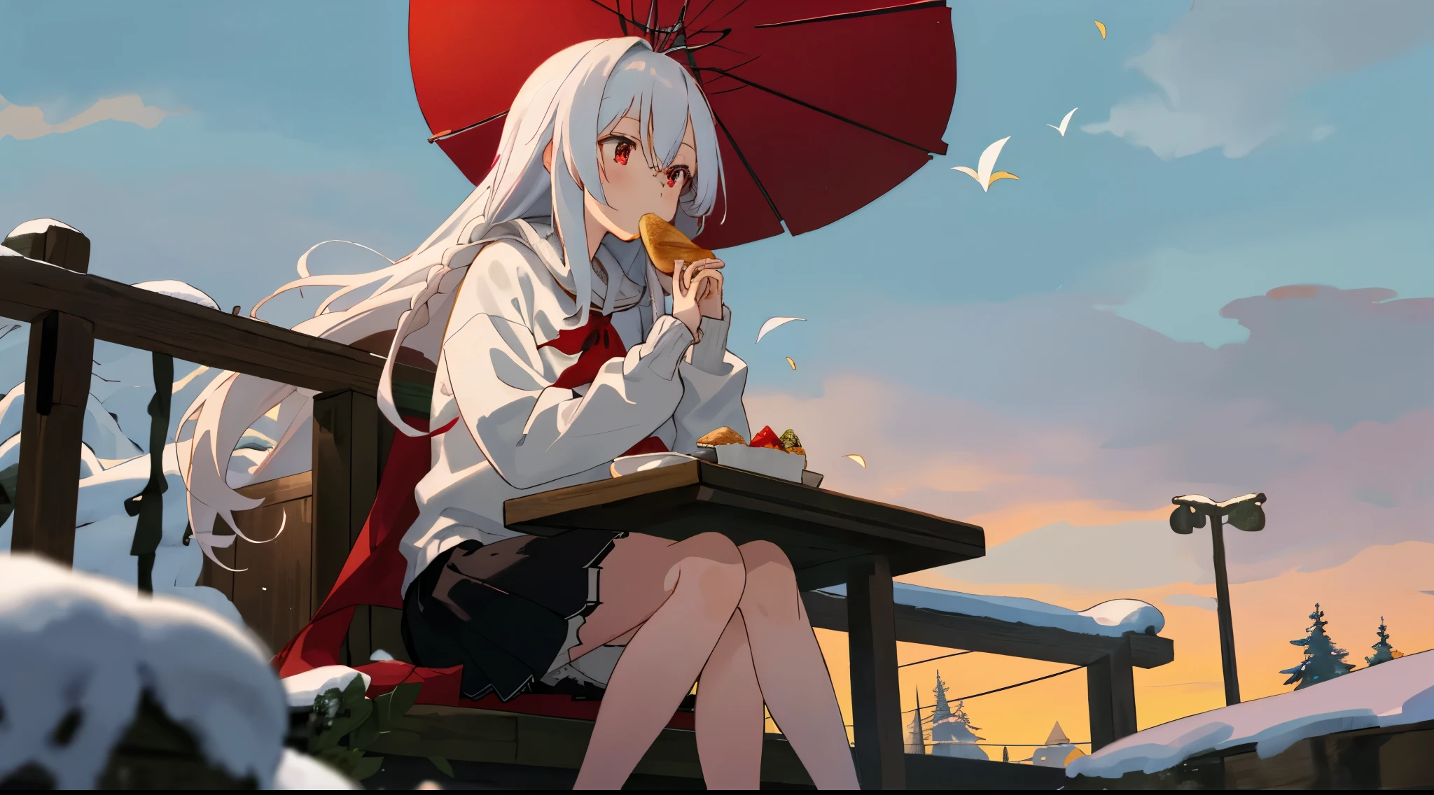 bestquality, Very detailed, Anime images, detailed background, Snow falling background at night, anime, 1girls, young girl, girl with long hair, White Hair, Red eyes, Wear a soft white sweater., red neckerchief, Black miniskirt, Sitting and eating bread, Looking at the sky