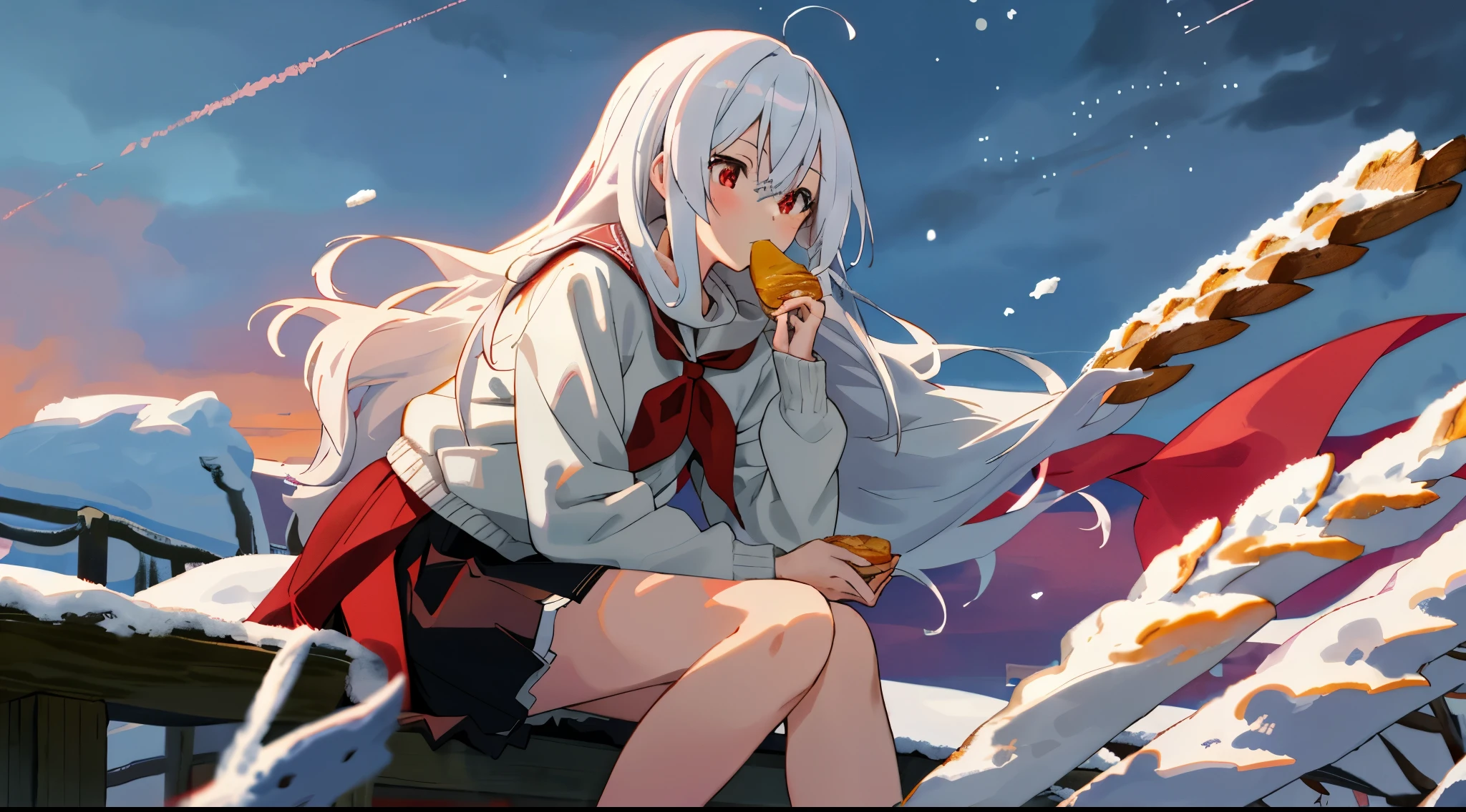 bestquality, Very detailed, Anime images, detailed background, Snow falling background at night, anime, 1girls, young girl, girl with long hair, White Hair, Red eyes, Wear a soft white sweater., red neckerchief, Black miniskirt, Sitting and eating bread, Looking at the sky