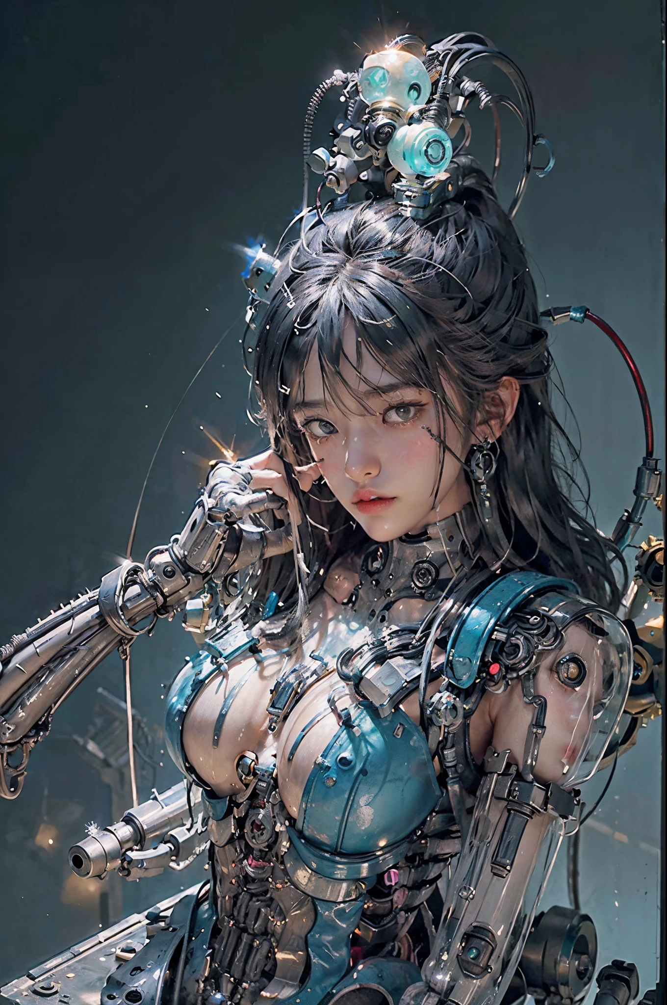 Surreal, Cinematic Effects 8K, hyper detailed painting, luminism, Concept art,fractal isometrics details bioluminescence , 3d rendered, Octane Render,Intricately detailed,Cinematic, アートステーションでトレンドアイソメトリック中心のSurreal的なカバー写真素晴らしいフルカラー, gritty, realistic mucha, hit definition,Cinematic, Ethereal background,Full body, (1 Mechanical Girl:1.5),(transparent surfaces and skins:1.5),(many mechanical gears and electronic components inside the body:1.4),(mechanical vertebra and cervial:1.3),Solo,deadpan,(Wires and cables from the spine to the arm:1.4),(mechanical arms of surgical machine around:1.2),(circuit boards:1.4),(Character Focus:1.3),Science fiction,((Mechanical exoskeleton)),mechs,kalina,mechs,Super_mechs