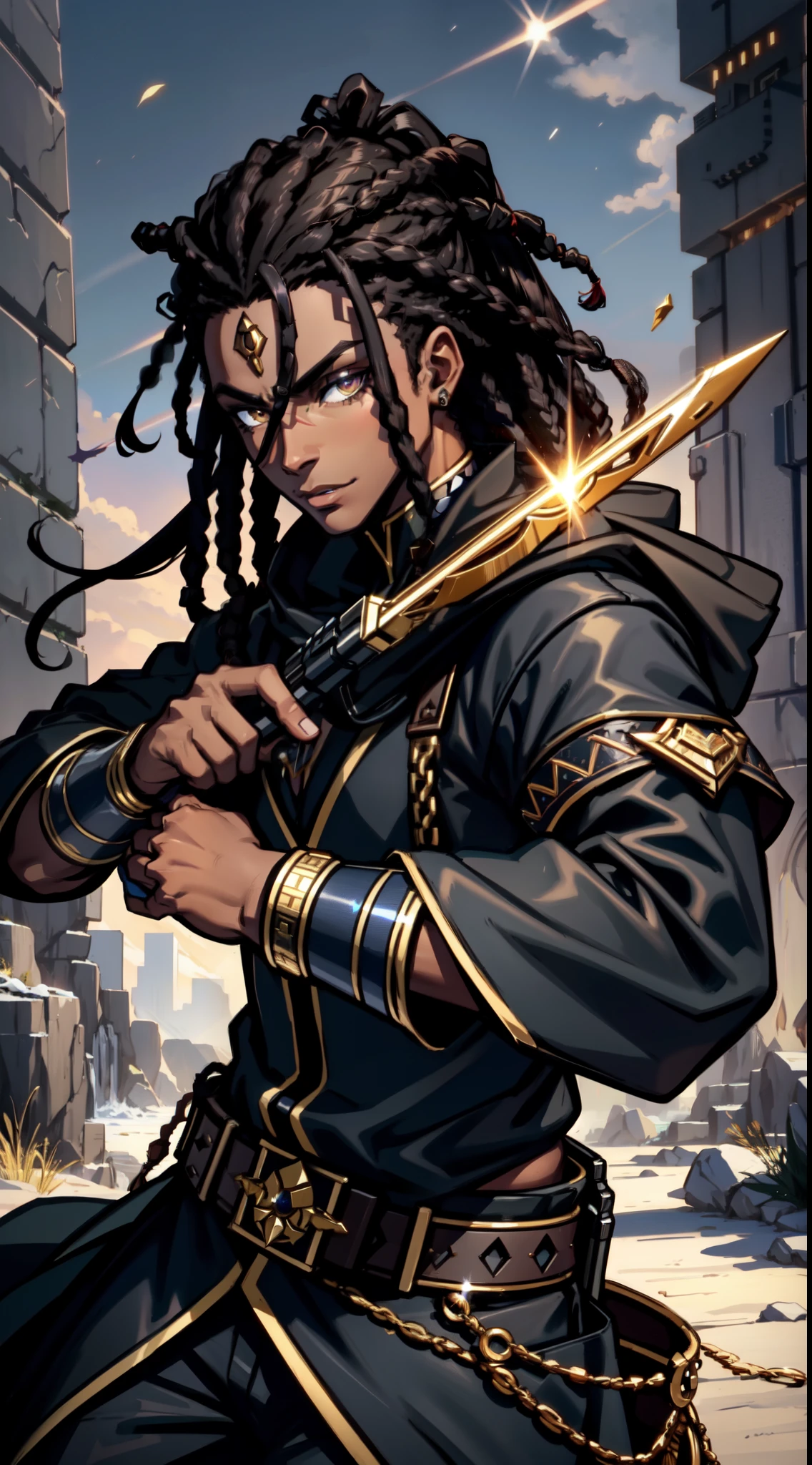 An (African-American) male, with dark (black dreadlocks), dark (brown skin), golden eyes, demonic (prince), (young) assassin, (black) assassin garb, holy (half-demon), (Anti-hero), (Mage) assassin, (Sci-fi) fantasy, (close-up shot), perfect composition, hyper-detailed, 8K, high quality, (perfect eyes), sharp focus, studio photo, intricate details, (action) pose, 1boy