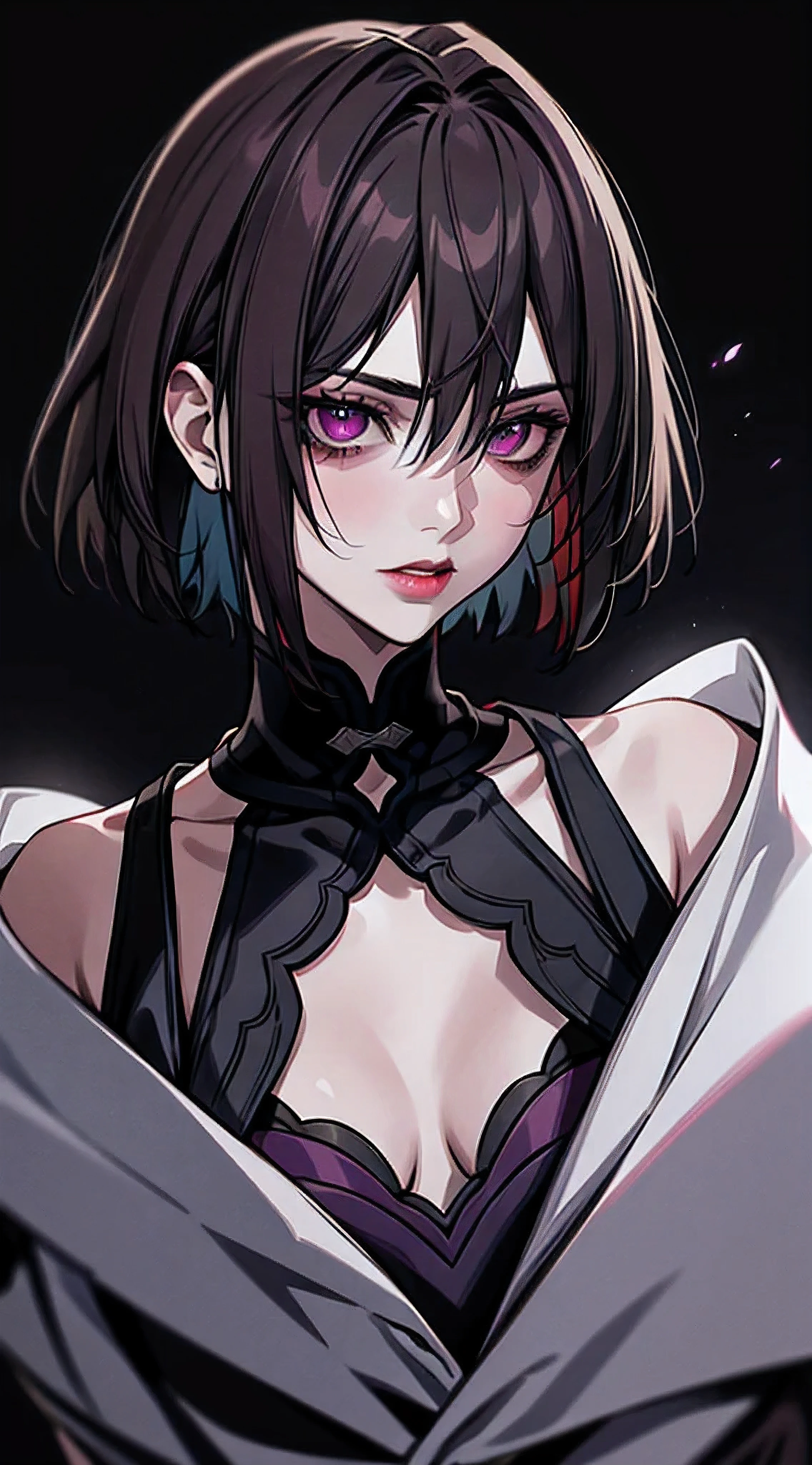 (close-up), portrait, portrait, (solo), 1girl, (close up face, masterpiece, best quality:1.2), 8k, official art, absurdres, gothic, (smokey purple eye shadow with glitter, glazed pinkish red lips:1.1), (very dark black background:1.4), HDR, facelight, ultra realistic, highres, photography, cleavage, film grain, chromatic aberration, sharp focus, HDR, dynamic lighting, cinematic lighting, professional shadow, dark shadow, highest detailed, extreme detailed, ultra detailed, finely detail, real skin, delicate facial features, detailed face and eyes, sharp pupils, xueyihsr, night time, dark, woman, small breasts, ((high contrast)), psychedelic, [[[lsd]]],  purple, particles, bloom, neon lighting, (glow), flat color, splashes of color, colors mashing, vivid colors, white jacket