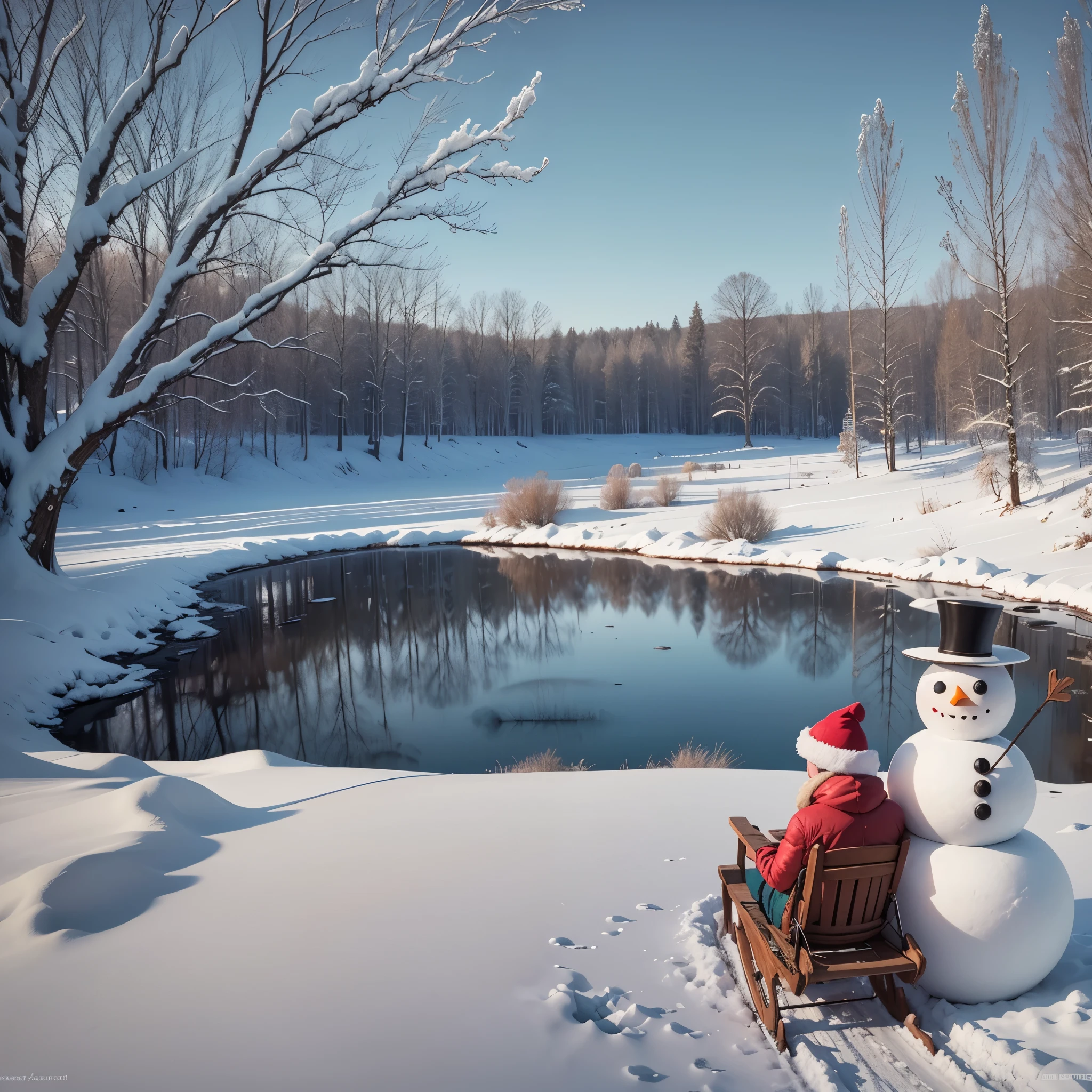 snow covered back yard with a frozen pond and a snowman standing next to a sleigh --auto --s2