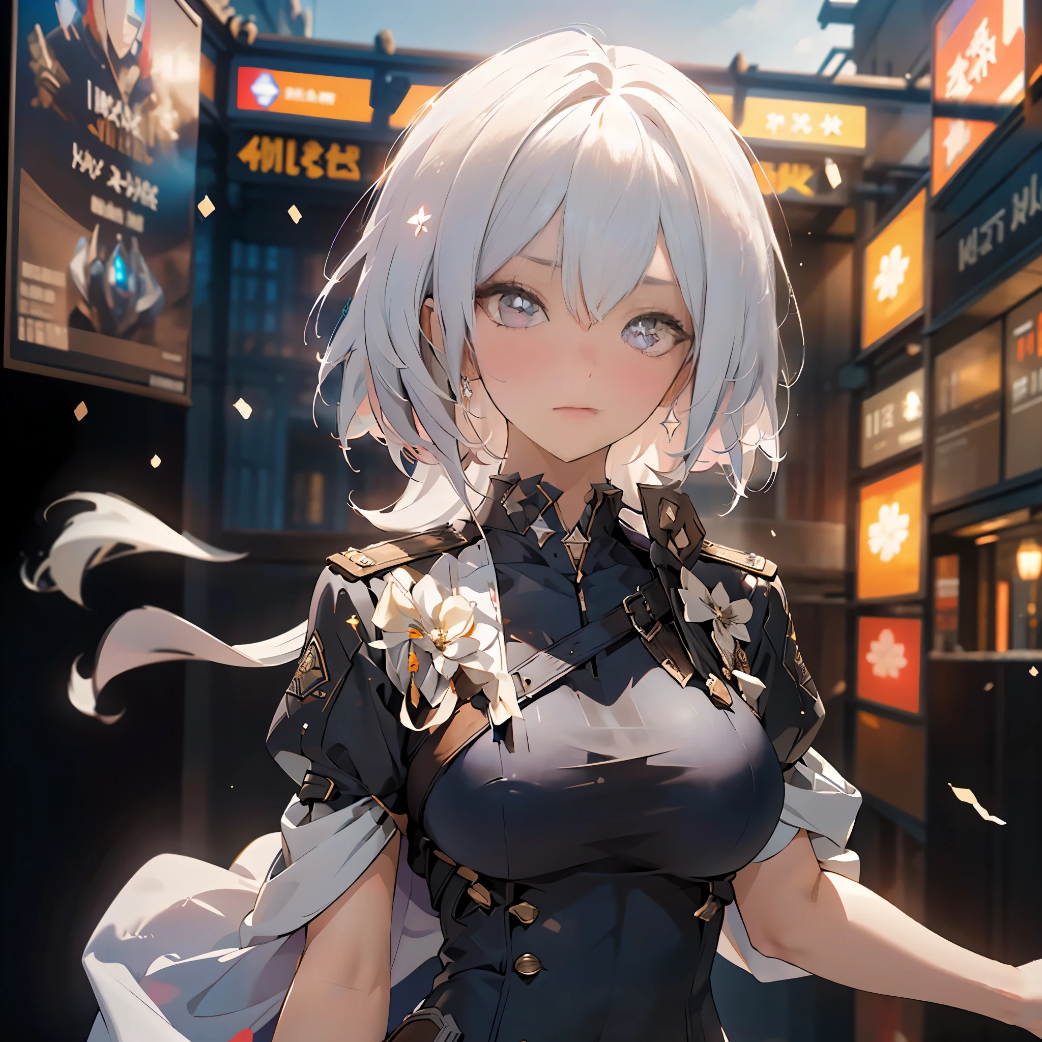 1 Girl, Mature, Solo , Alone, A Single Human, Big Chest, Violet Eyes, , Hair accessories, White Bob Hair, Short Hair, Silver Hair, Bang, hair between eyes, military uniform, black dress, cape, white gloves, pantyhose, high heel boots, Explosion, Standing Alone in the middle, Sci-fi City, ((Best quality)), ((masterpiece)), 3D, HDR (High Dynamic Range),Ray Tracing, NVIDIA RTX, Super-Resolution, Unreal 5,Subsurface scattering, PBR Texturing, Post-processing, Anisotropic Filtering, Depth-of-field, Maximum clarity and sharpness, Multi-layered textures, Albedo and Specular maps, Surface shading, Accurate simulation of light-material interaction, Perfect proportions, Octane Render, Two-tone lighting, Wide aperture, Low ISO, White balance, Rule of thirds,8K RAW, Aura, masterpiece, best quality, Mysterious expression, magical effects like sparkles or energy, flowing robes or enchanting attire, mechanic creatures or mystical background, rim lighting, side lighting, cinematic light, ultra high res, 8k uhd, film grain, best shadow, delicate, RAW, light particles, detailed skin texture, detailed cloth texture, beautiful face, (masterpiece)