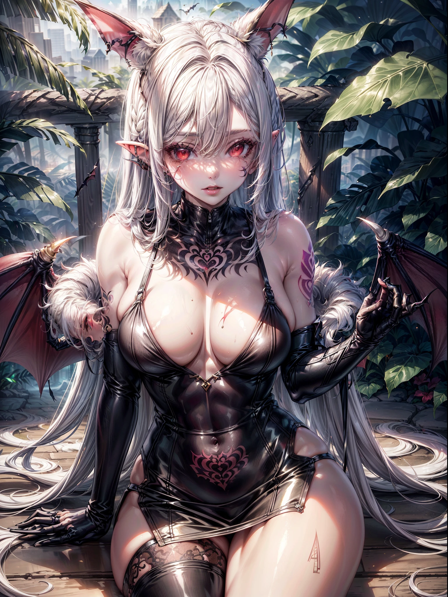 realistic photo of slaved (savage, tribal, jungle)_vampire with (white hair), bat fur, bat ears, coat|winganguturistxtremely_detailed_tight_(lacy, silk, satin, leather, latex, fur)_(clothing, skirt), detailed face, detailed beautiful shiny red eyes, slit pupils, metallic reflections, ((tatooed, marked)_with_shining_runeit_muscular_body, shiny white skin, tropical city ruins fog, 1girl, natural breasts, medium length white hair, masterpiece, best quality, beautiful and aesthetic:1.2, fractal art:1.4