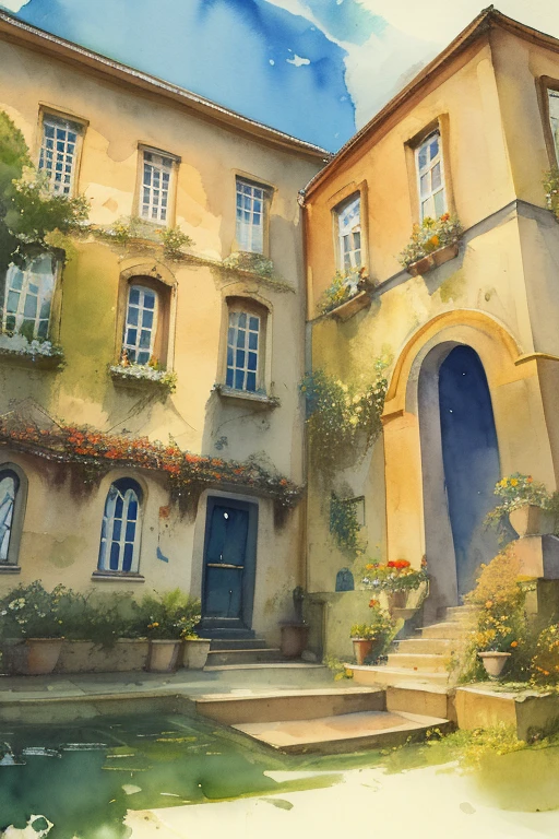 miaobishenghua painting of a 19th century mansion, England, watercolor