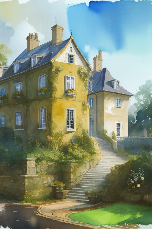 miaobishenghua painting of a 19th century mansion, England, watercolor